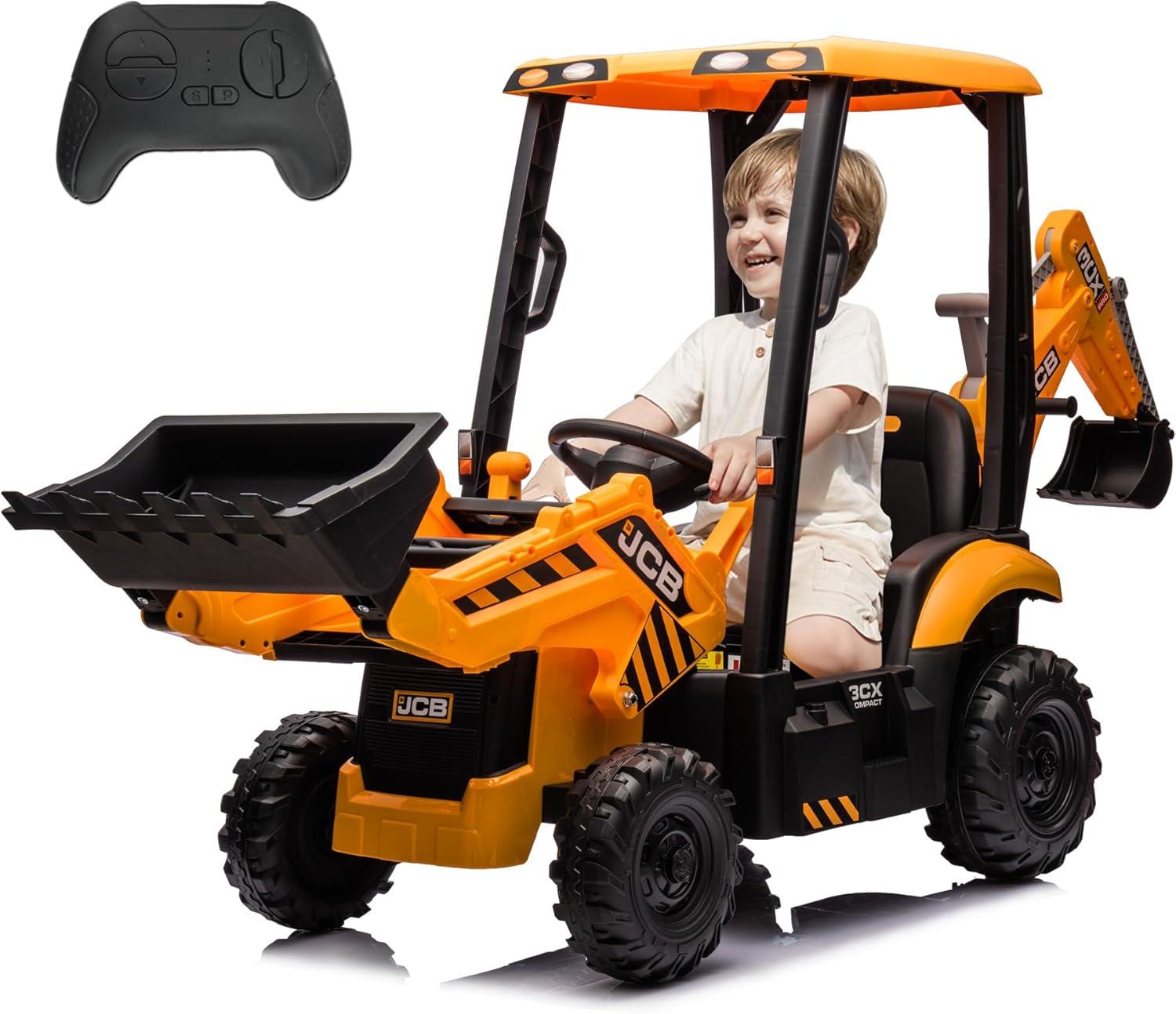 EastVita 12V Ride on Toys Tractor, Kids Ride on Car Toy Excavator Bulldozer, 12V Digger w/Trailer, Shovel Bucket, Digger, Remote Control, EVA Tires, LED Lights, Music, USB