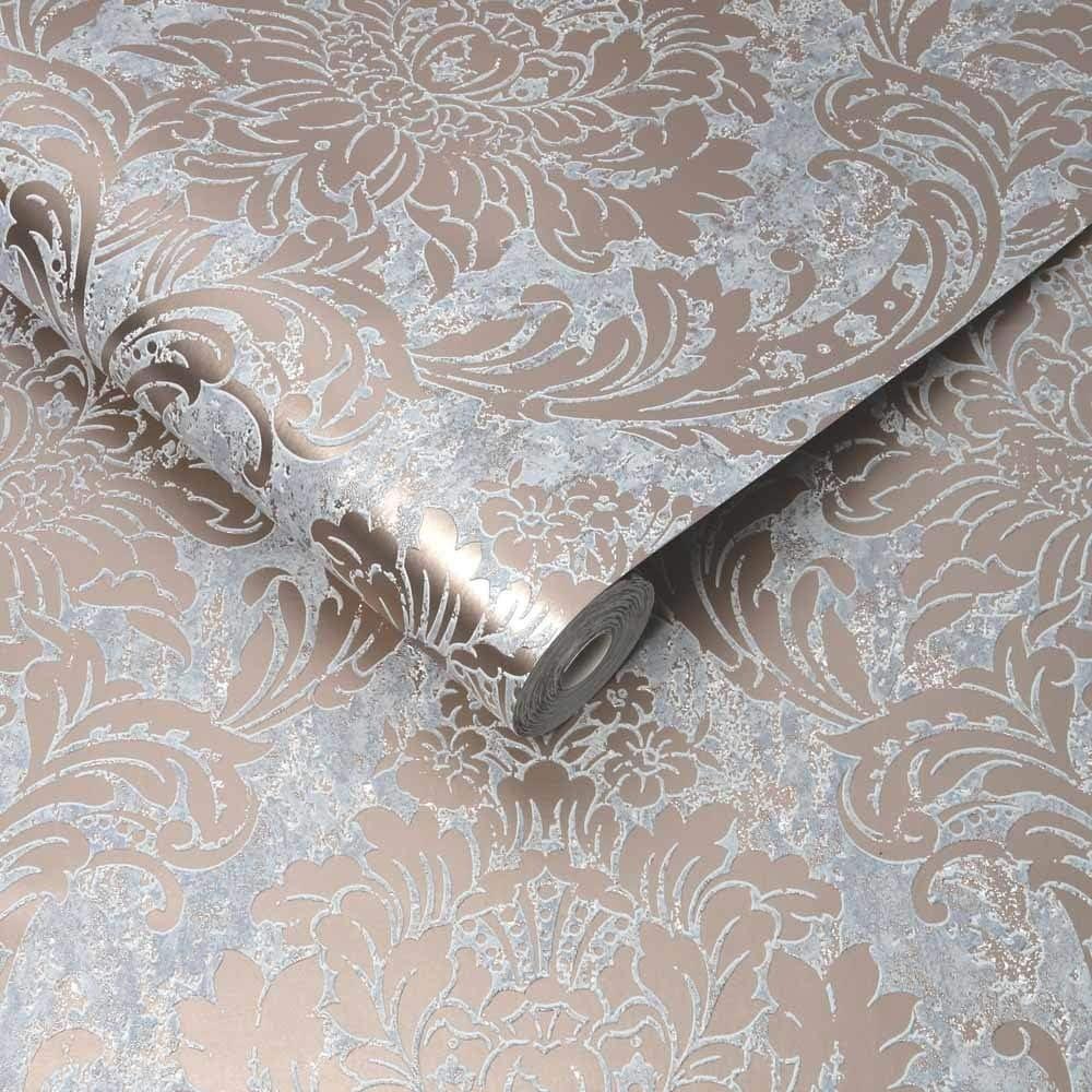 Milan Damask Grey and Rose Gold Textured Wallpaper