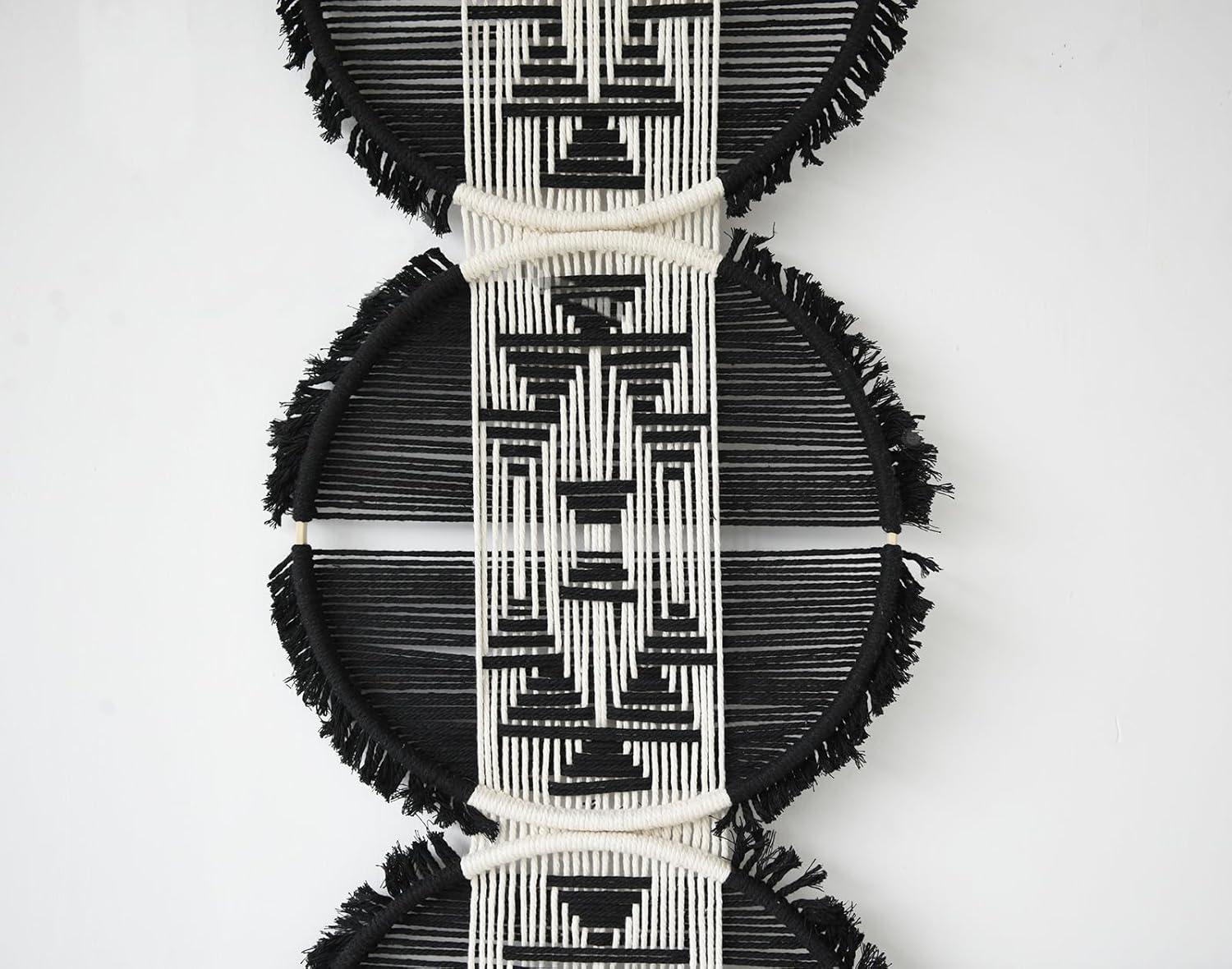 Flber Macrame Wall Hanging black and white Boho Wall Decor Art Living room wall art Round Handmade Geometric Lines Home Décor