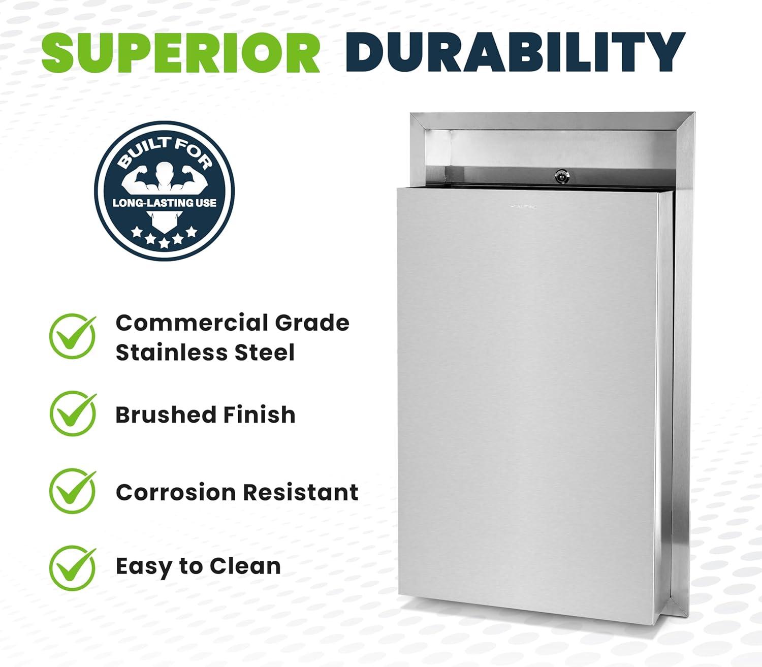 Alpine Recessed Waste Receptacle - Large 12 Gallon Brushed Finish Stainless Steel Mounted in Wall Trash Can for Commercial Bathrooms in High Traffic Areas Like Restaurant, Airport, Hotel, School