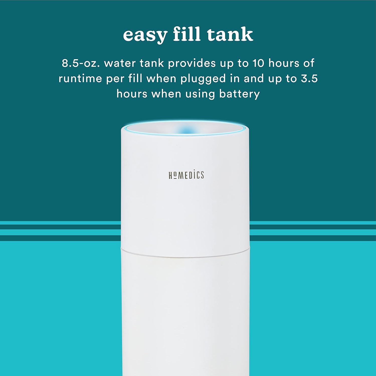 Homedics Portable Ultrasonic Humidifier, Cordless, Desktop, Travel, up to 10-Hour Runtime, Visible Quiet Cool Mist, White