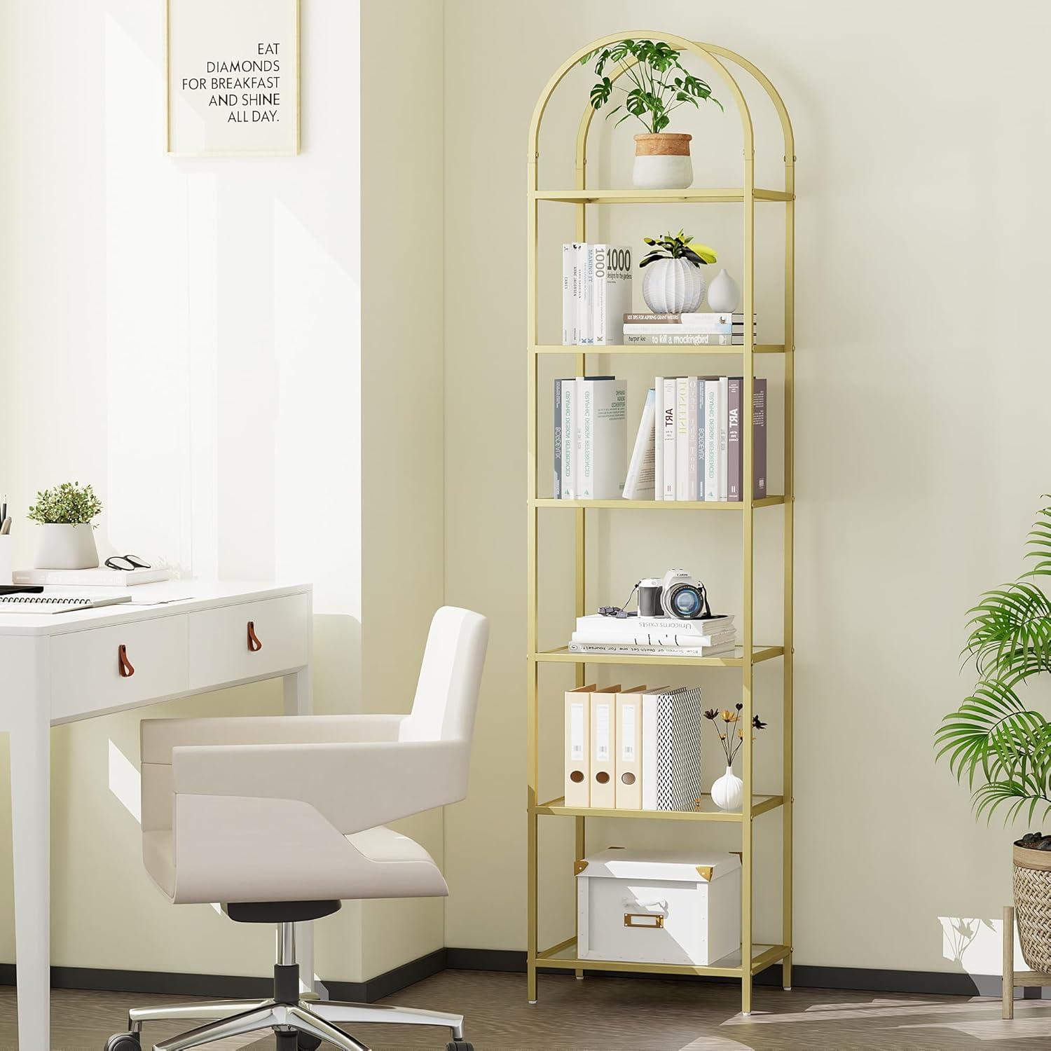 5 Tier Gold Bookshelf, Modern Storage Organizer Shelf, Metal Bookcase Stand for Office, Bedroom Kitchen Living Room