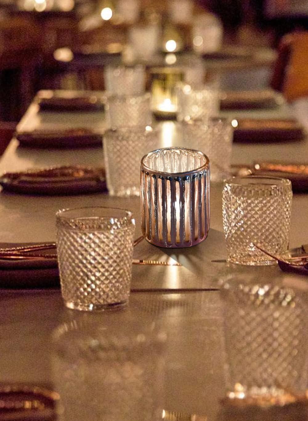 Serene Spaces Living Set Of 6 Pink Vintage Votive Holder, Tealight Holder, Stainglass Candle Holder, Ideal For Weddings, Parties, Indoor & Outdoor Events, Home Decor, Measures 2.5" Tall & 3" Diameter