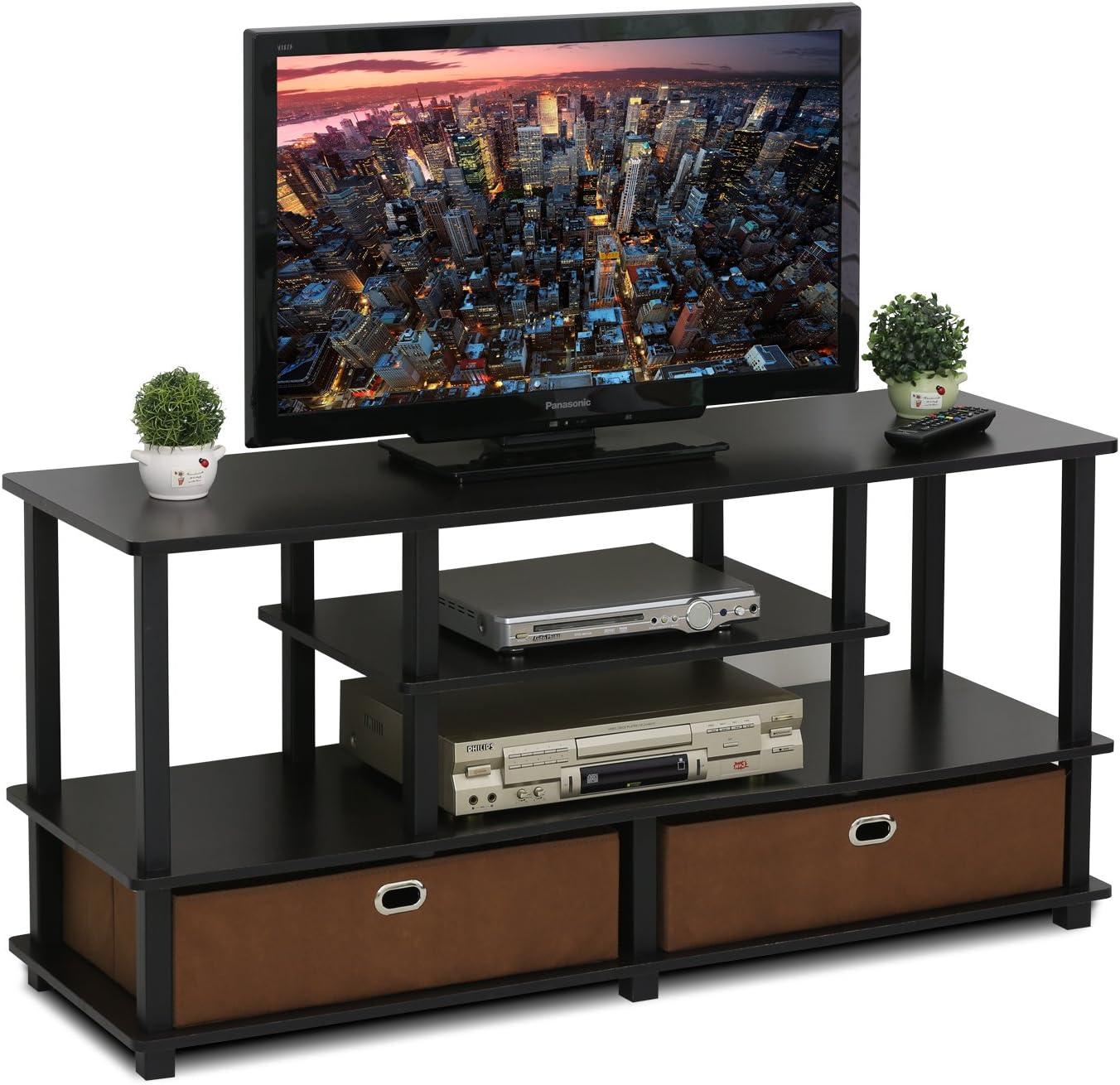 Furinno 4-Tier Large TV Stand for TVs up to 55" TV Console Table w/Open Bookcase Shelves & 2 Storage Drawers