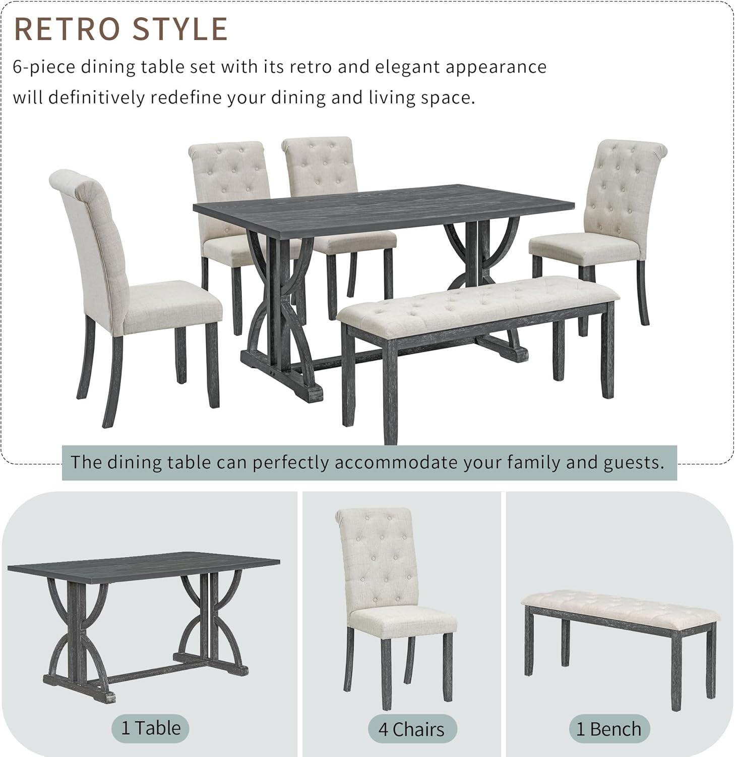 Gray Wash 6-Piece Retro Dining Set with Upholstered Chairs and Bench