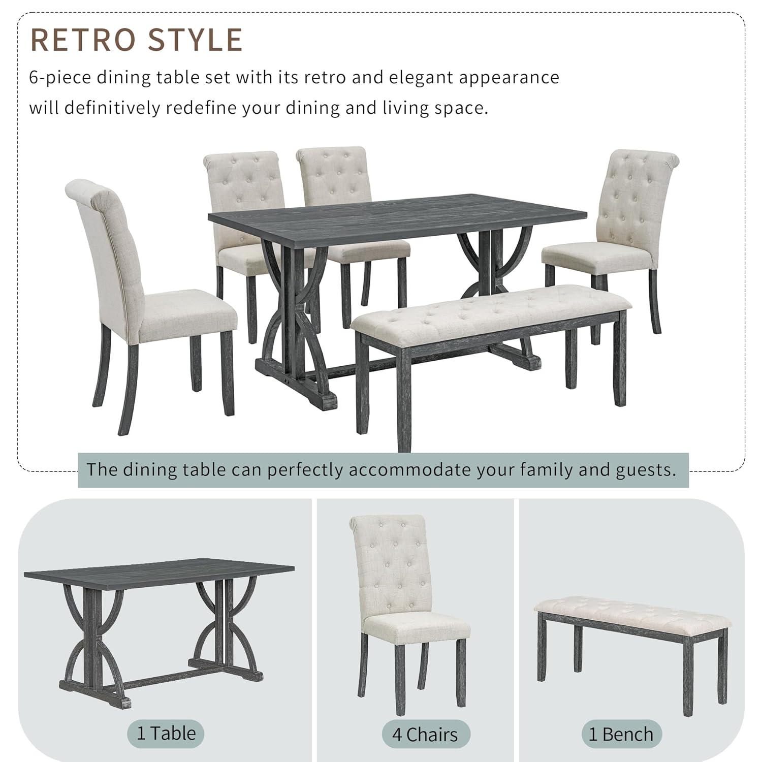 6-Piece Retro Dining Table Set, Rubber Wood Rectangular Table with Unique Legs and 4 Upholstered Chairs & 1 Bench for Dining Room and Kitchen (Gray Wash)