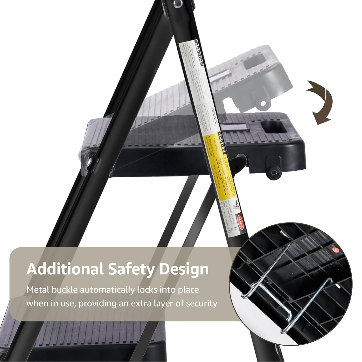 4-Step Ladder with Tool Platform, Wide Anti-Slip Platform & Thick Rubber Feet - Lightweight Heavy Duty Foldable & Portable - 330 lbs Capacity, Rubber Handgrip, Folding Step Stool - Black