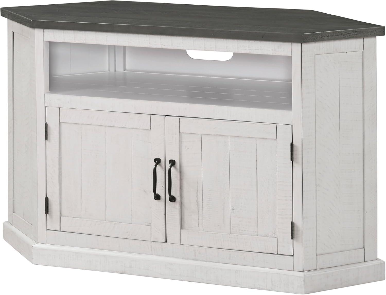 Benjara Alexa 50 Inch TV Corner Entertainment Console, Cubby, Cabinet, White, Gray, Black