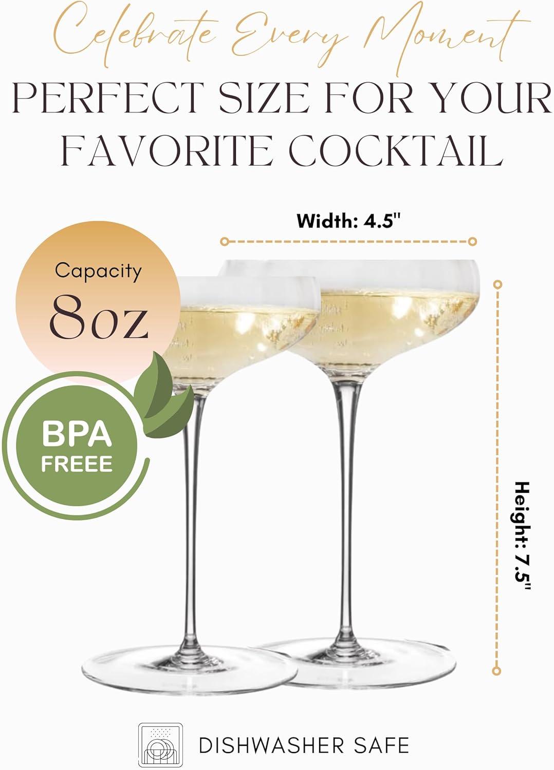 Elegant Clear Glass Rounded Coupe Cocktail Glasses, Set of 4