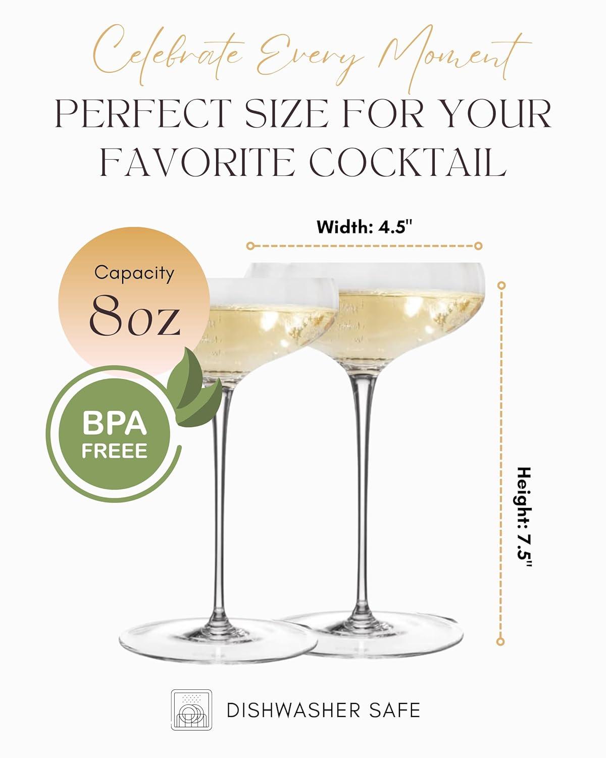 Elegant Clear Glass Rounded Coupe Cocktail Glasses, Set of 4