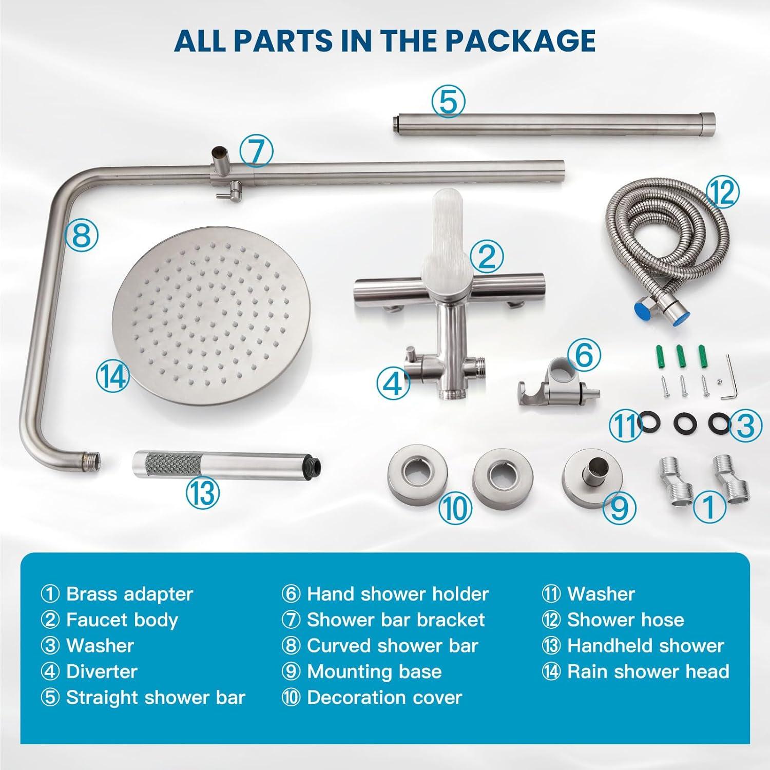 gotonovo SUS304 Outdoor Shower Fixture High Pressure Shower System Combo Wall Mount 2 Dual Function Shower Faucet Set Round Handheld Spray Brushed Nickel Single Handle