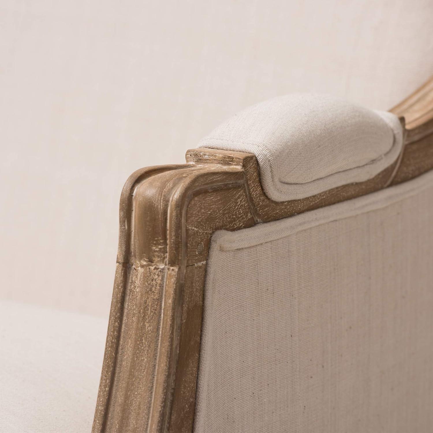 Beige Linen and Distressed Wood French Accent Chair