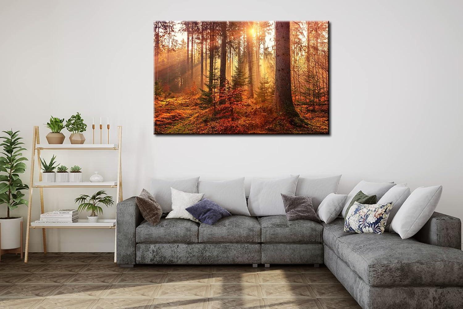 Shadudu  Mystery Forest Light Wall Art, Nature Landscape Pictures Canvas Prints Wall Decor, Autumn Trees Paintings Hang for Office Bedroom, Bathroom, Living Room for Home Decoration  36x24in