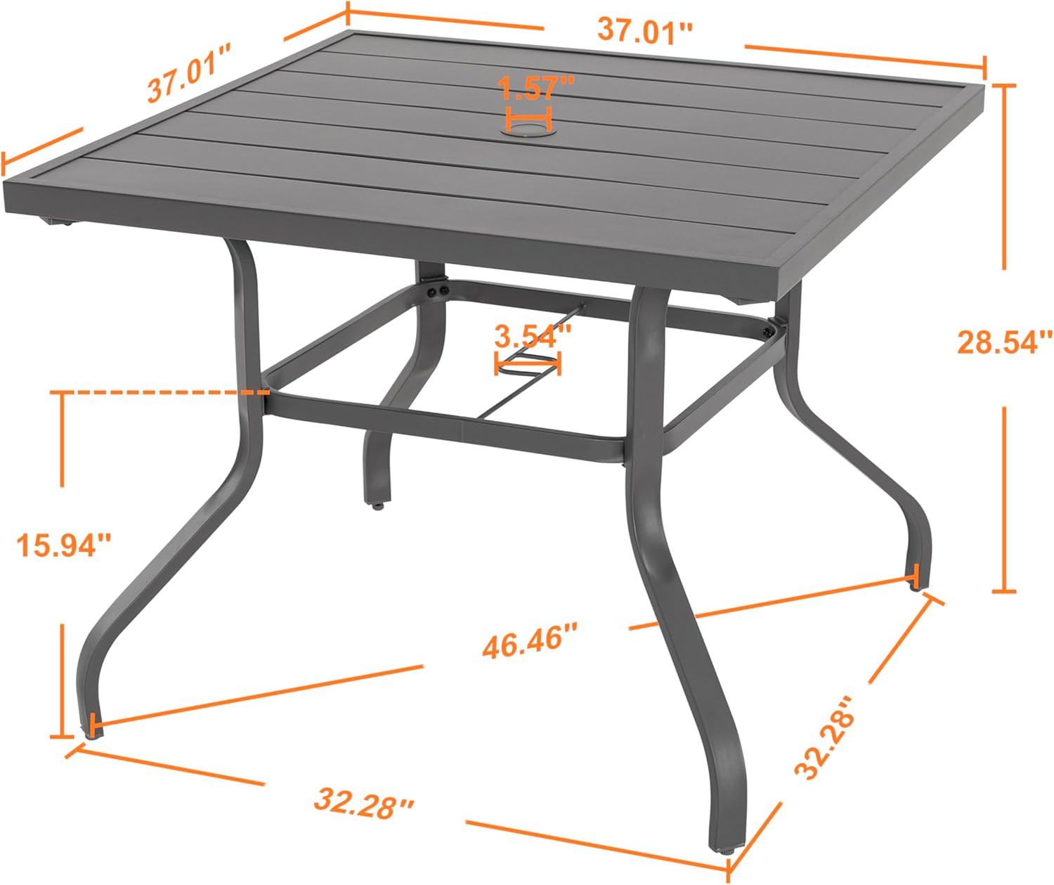 Nuu Garden 37" Outdoor Patio Table, 4 Person Steel Slat Square Dining Table with 1.57" Umbrella Hole, Slatted Top and Powder Coated Iron Frame, Gray