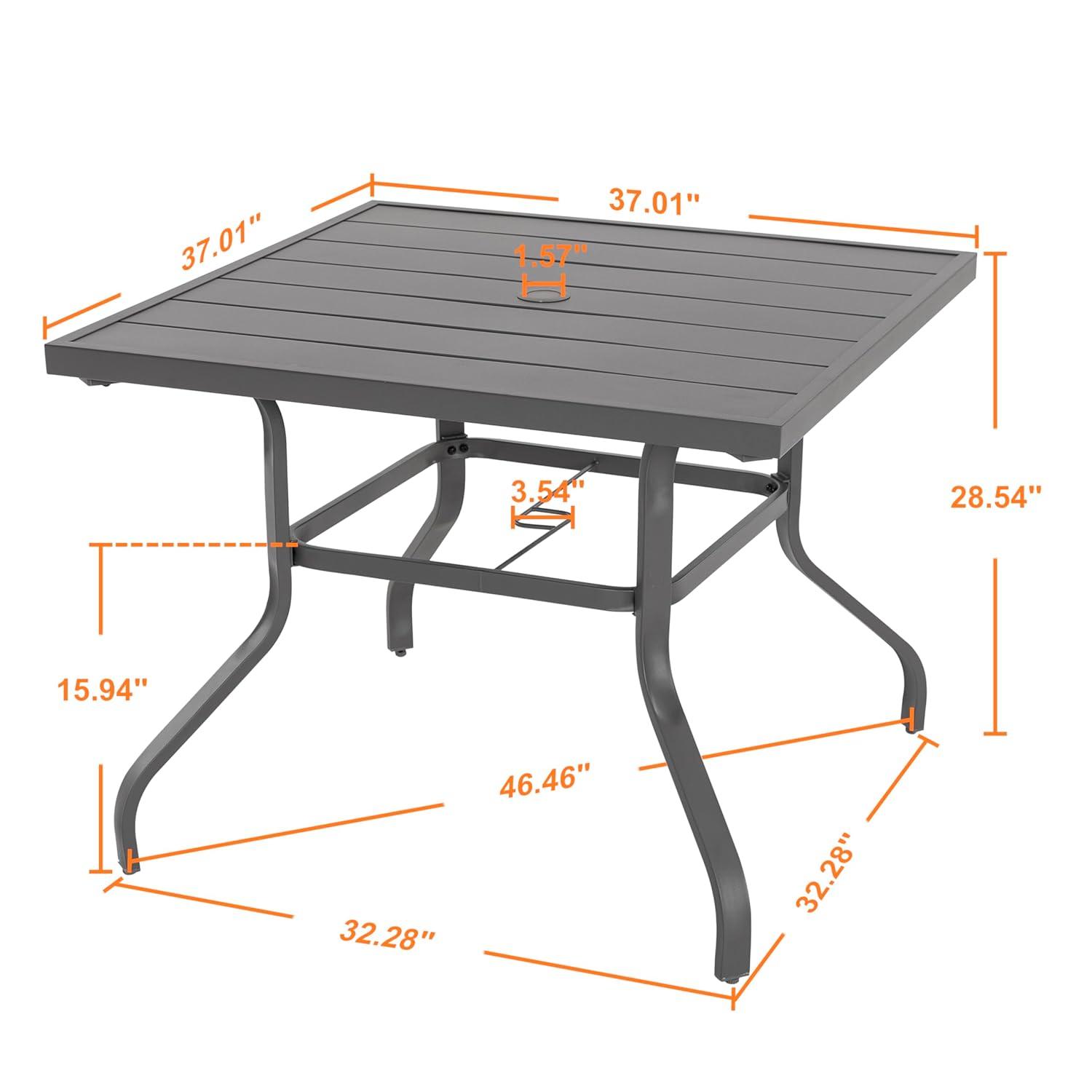 Nuu Garden 37" Outdoor Patio Table, 4 Person Steel Slat Square Dining Table with 1.57" Umbrella Hole, Slatted Top and Powder Coated Iron Frame, Gray