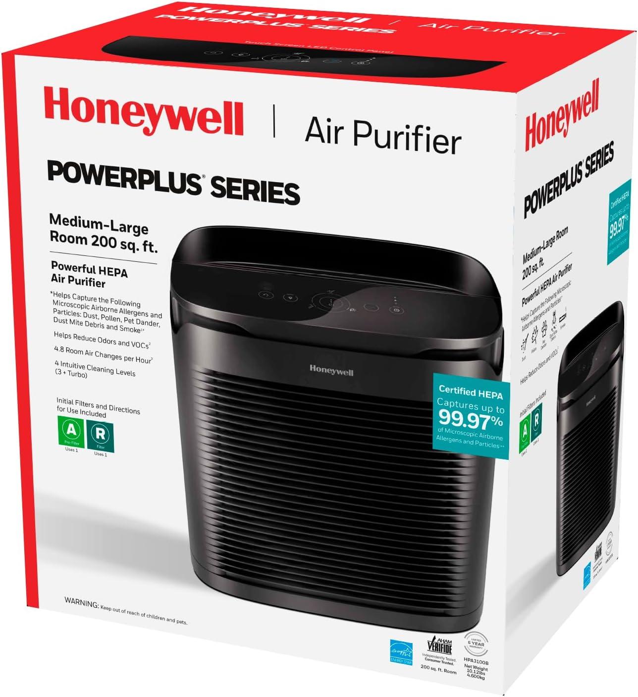 Honeywell Power Plus HEPA Air Purifier for Medium and Large Rooms Black: 4 Settings, 100-300 sq. ft., AHAM & Energy Star Certified