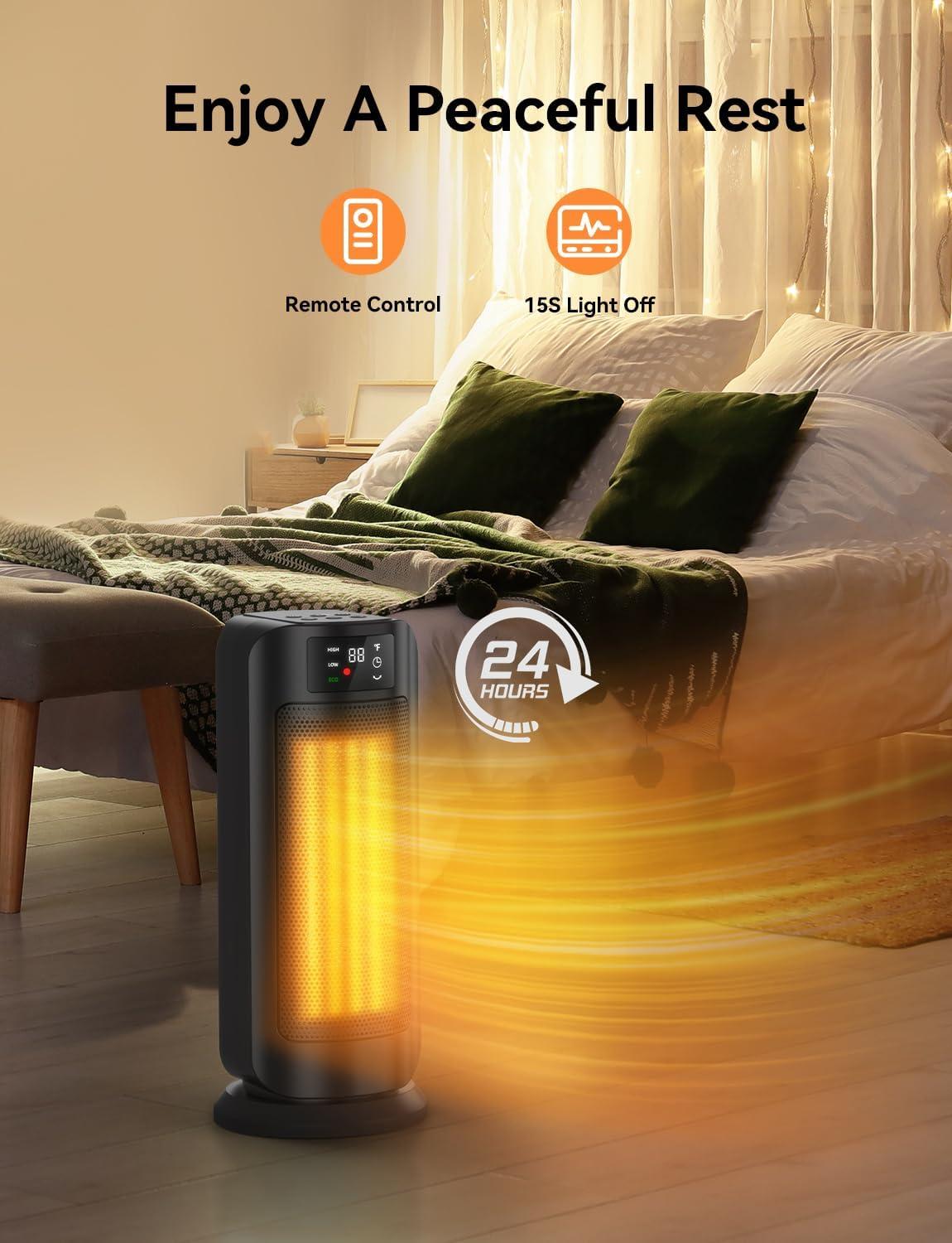 Black Ceramic Electric Tower Heater with Thermostat and Oscillation