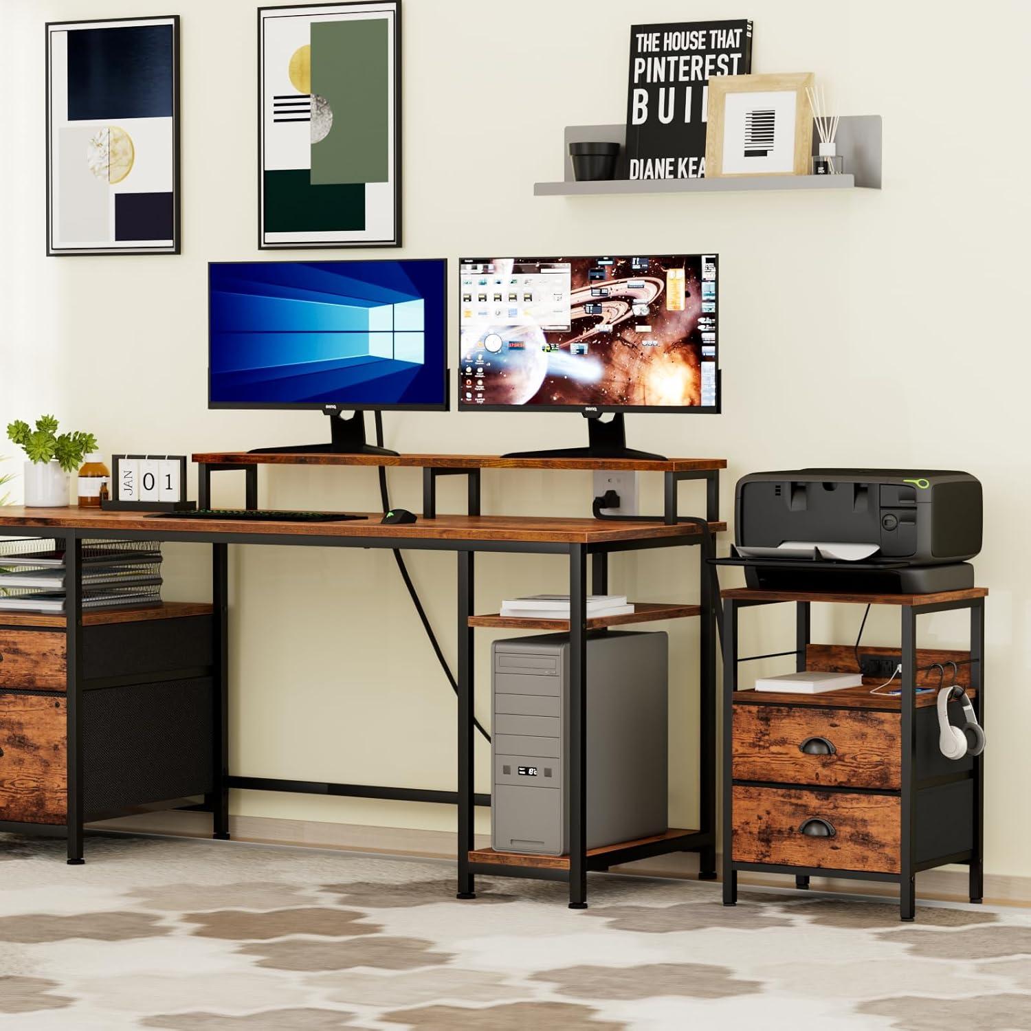 Furologee Nightstand Set of 2, Rustic Brown, with Charging Station and USB Ports, Side Tables with 2 Fabric Drawers, Bedside Tables with Storage Shelf & Hooks, for Living Room/Bedroom