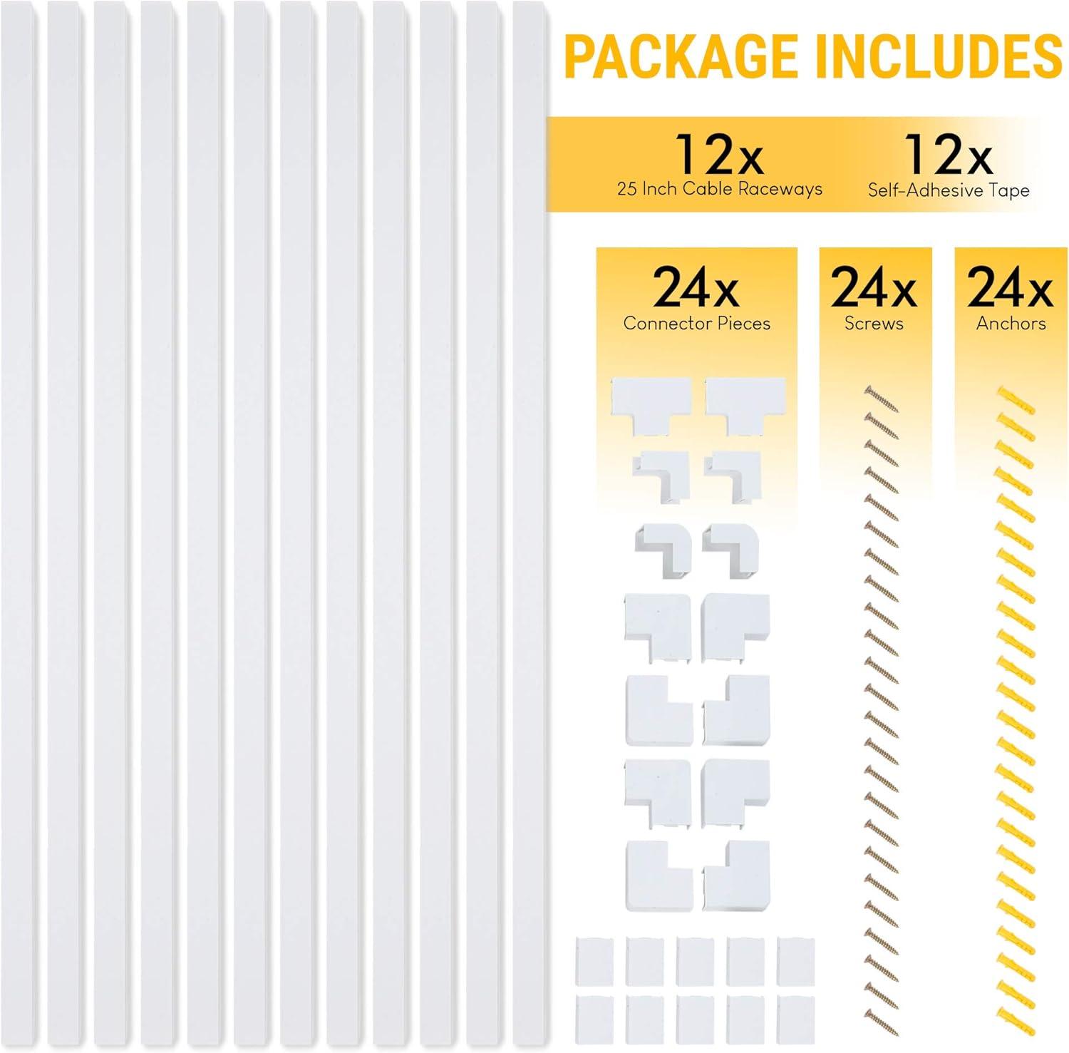 Set of Twelve 25-inch Cord Covers – 300-inch Total On-Wall Cable Management Kit for Wall-Mounted TV or Computer Cables by Simple Cord (White)