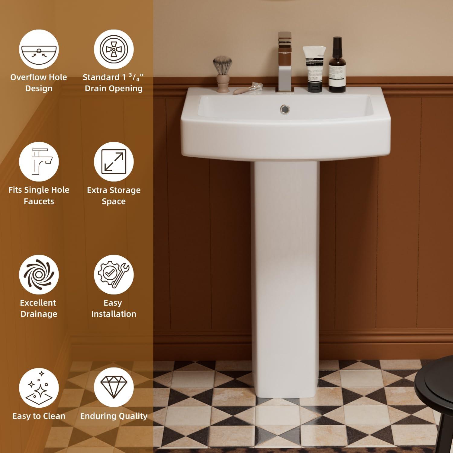 Classic Vintage Bathroom Pedestal Sink, Los Flexi 23"W x 19"D White Ceramic Freestanding Sinks for bathrooms, Overflow, 3 Pre-Drilled Holes for 4-Inch Faucets, Easy Install