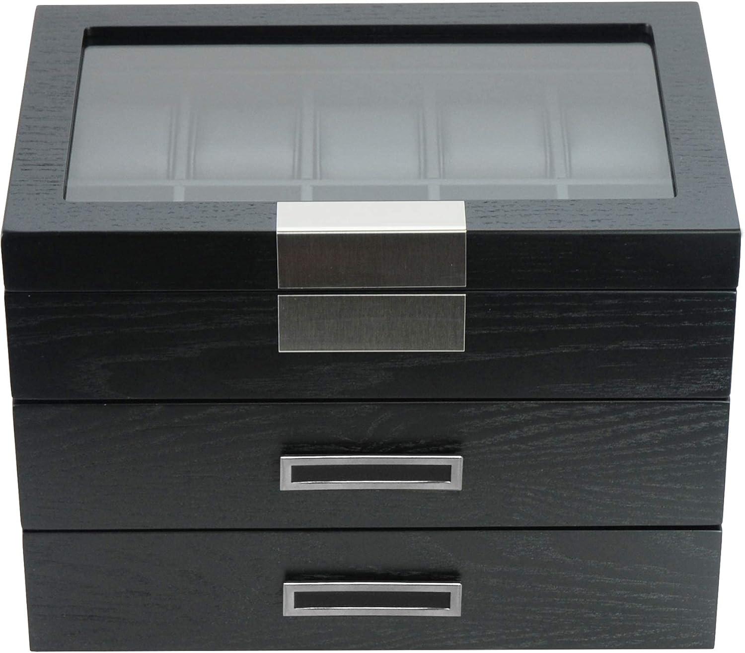 Black Ebony Wood Watch Display Case with Glass Top and Drawers