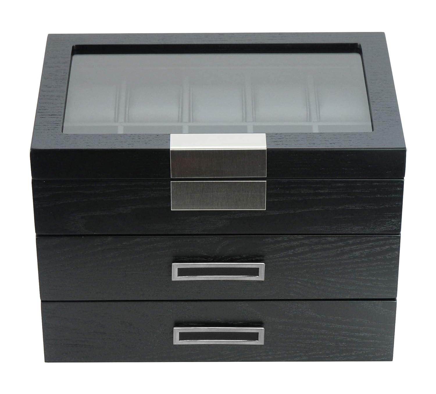 30-Piece Black Ebony Wood Watch Extra Height Clearance Display Case and 3 Drawer Storage Organizer Box
