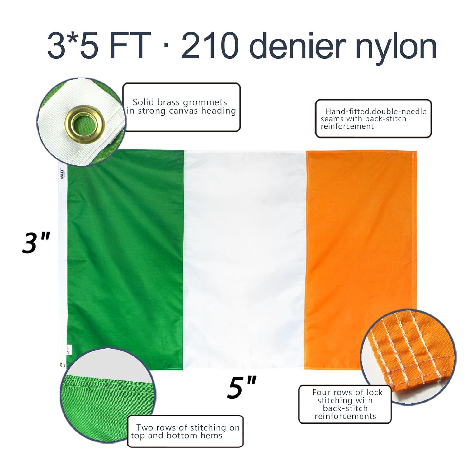 Anley EverStrong Series Ireland Flag 3x5 Foot - Nylon Embroidery IE Irish Banner Flags