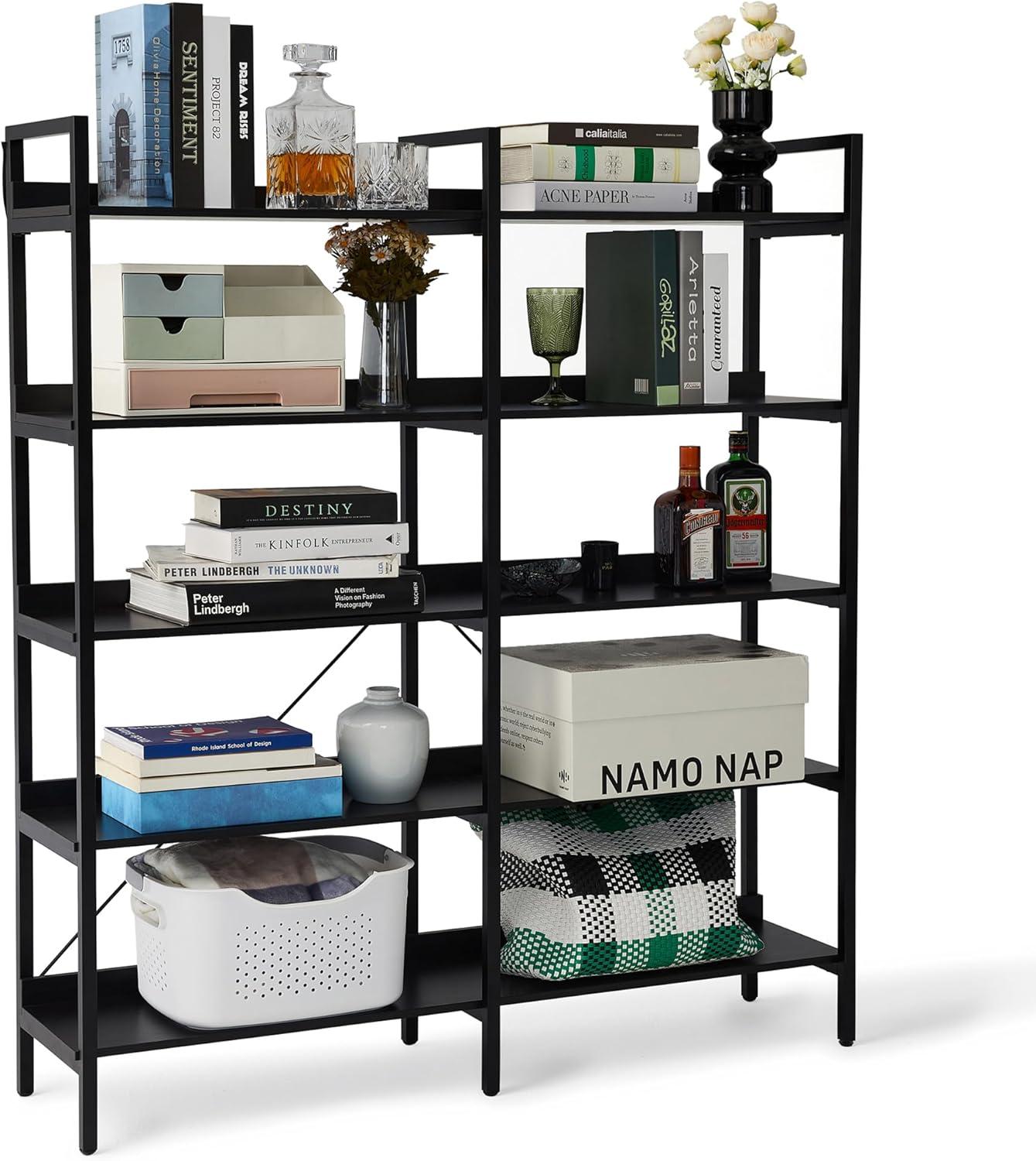 Black Metal and Particle Board 5-Tier Tall Bookshelf