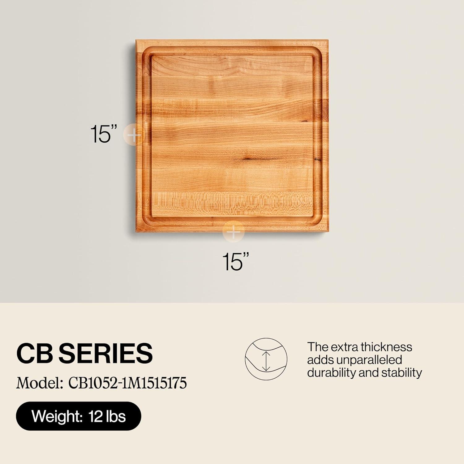 John Boos Boos Block CB Series Large Reversible Wood Cutting Board with Juice Groove, 1.75-Inch Thickness, 15" x 15" x 1 3/4", Maple