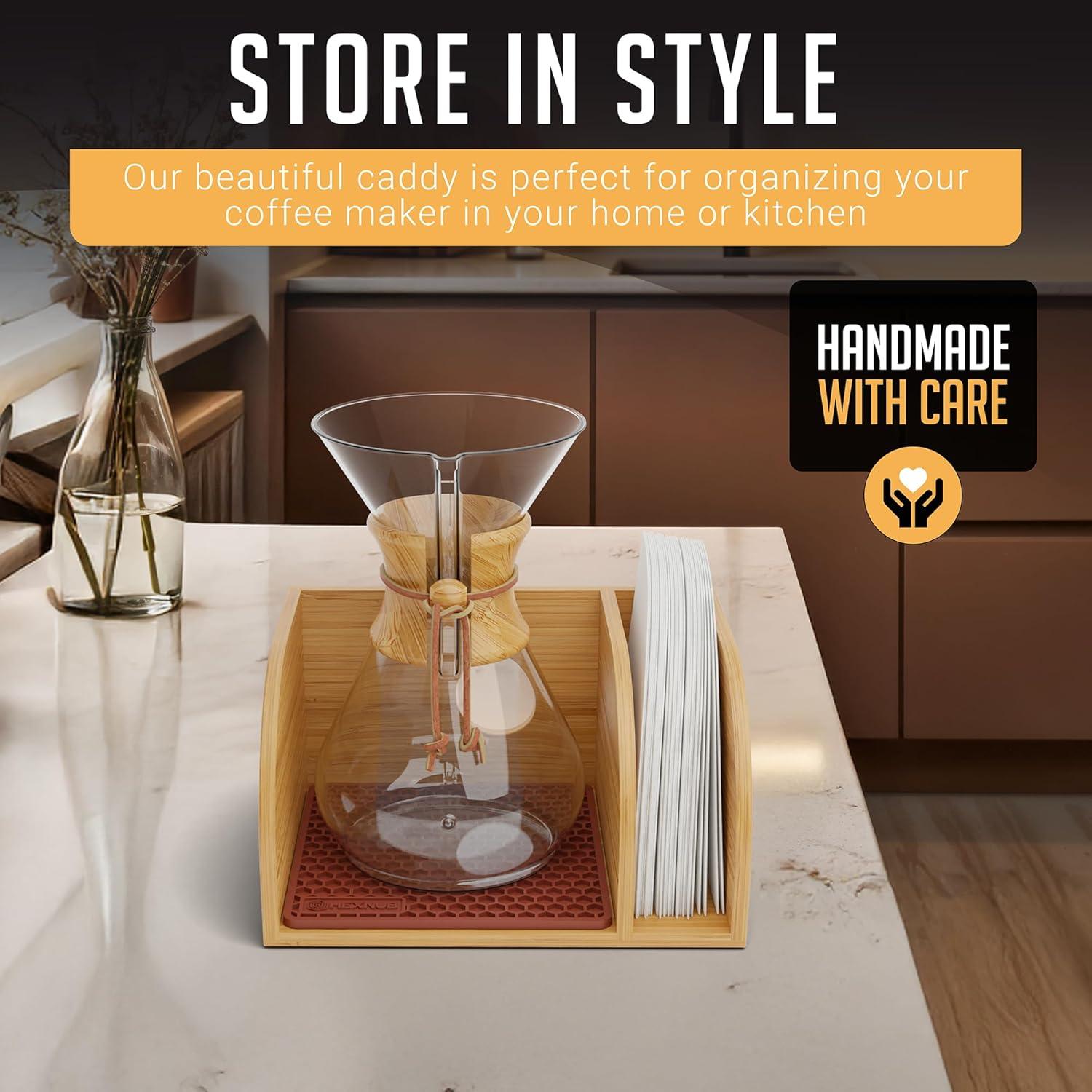 HEXNUB Bamboo Caddy for Chemex, Bodum, Cosori Pour Over Coffee Makers - Cork Mat