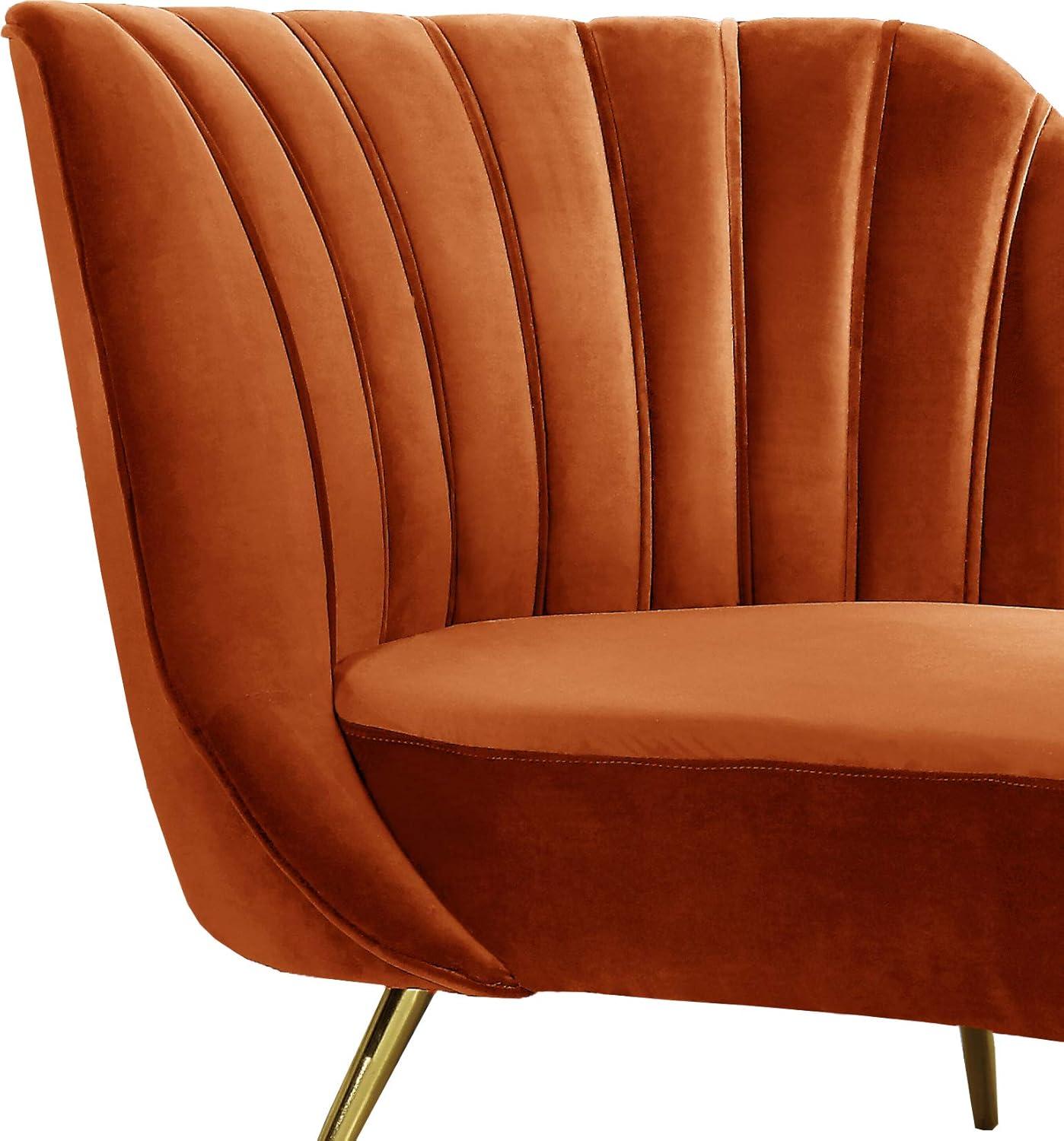 Meridian Furniture Margo Collection Modern | Contemporary Velvet Upholstered Chaise with Deep Channel Tufting and Rich Gold Stainless Steel Legs, Cognac, 74" W x 37.5" D x 35" H