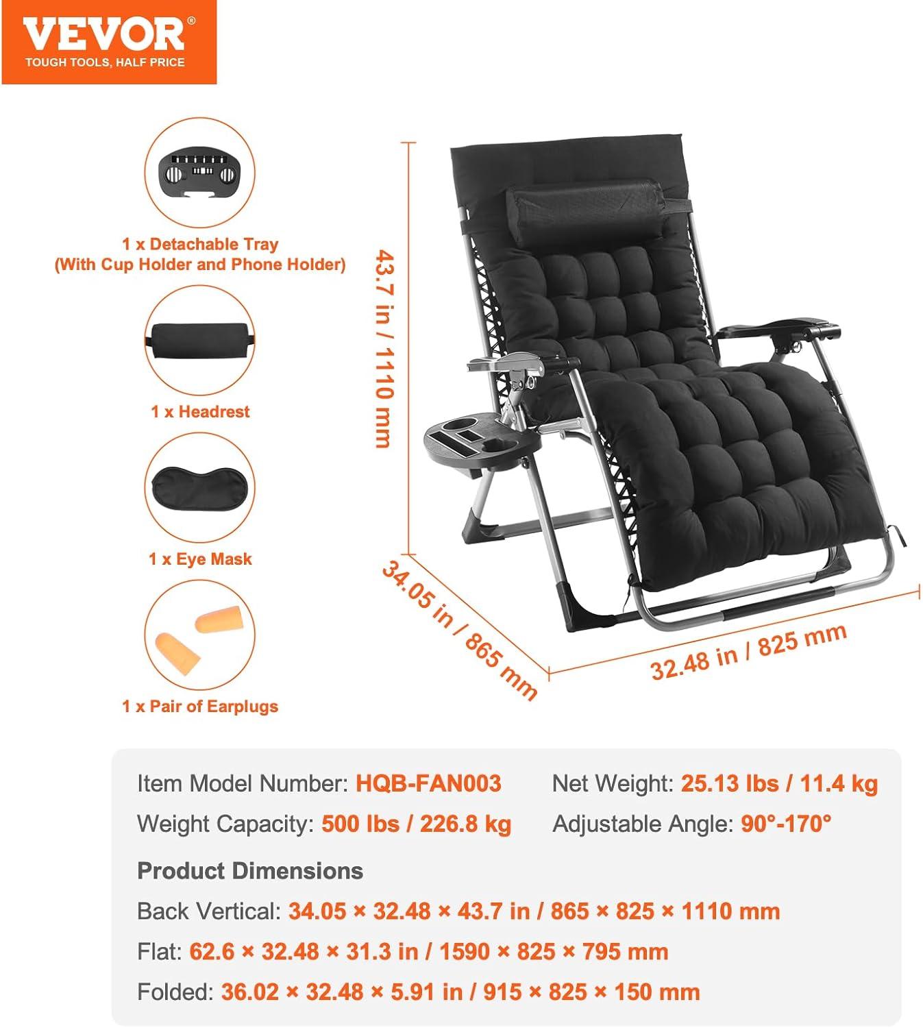 Black Cushioned Zero Gravity Recliner Lounger with Tray