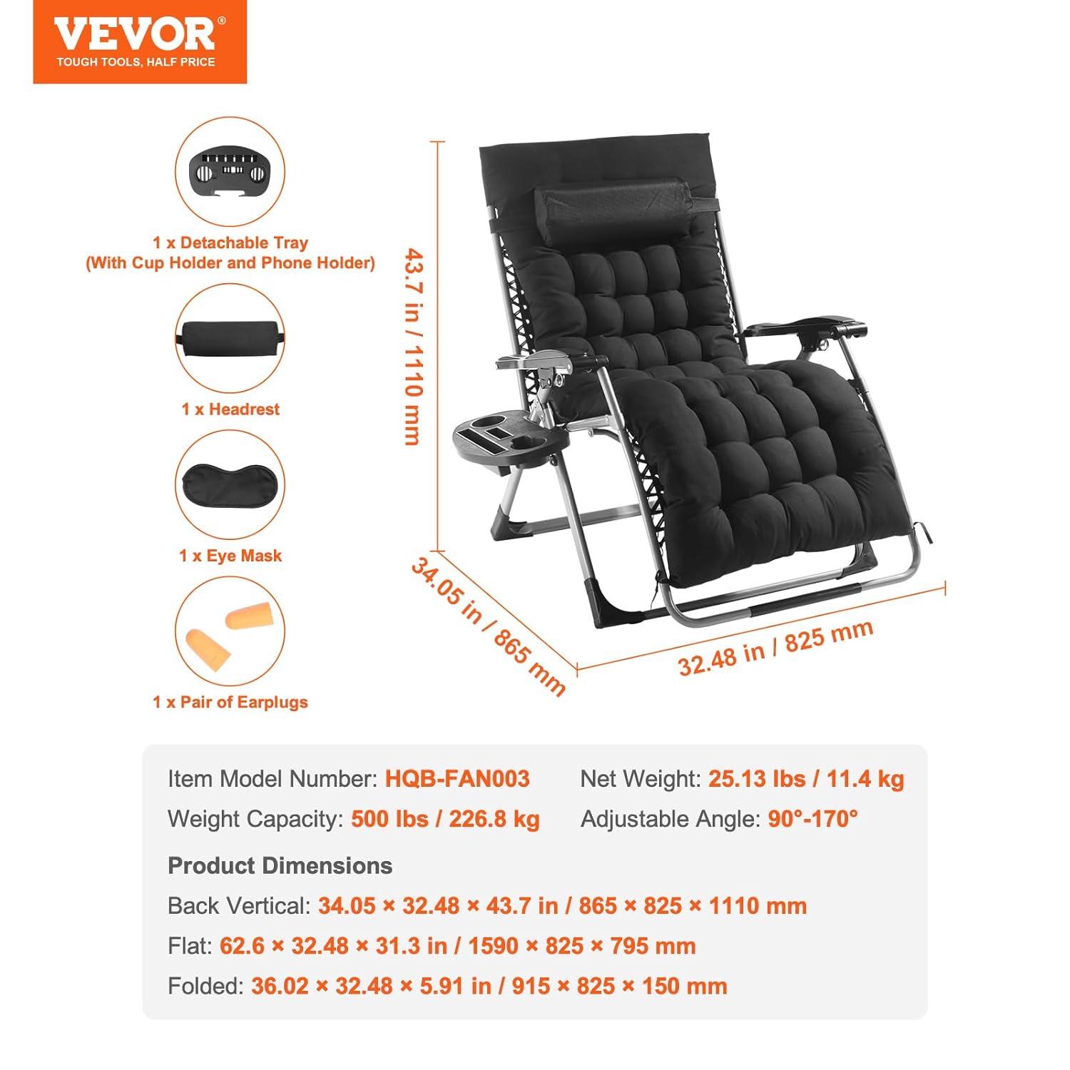 VEVOR Zero Gravity Chair, 33 inch Zero Gravity Recliner Lounge Chair for Indoor and Outdoor, Adjustable Anti Gravity Chair with Cushion, Headrest, Footrest, and Cupholder, 500 lbs, Black