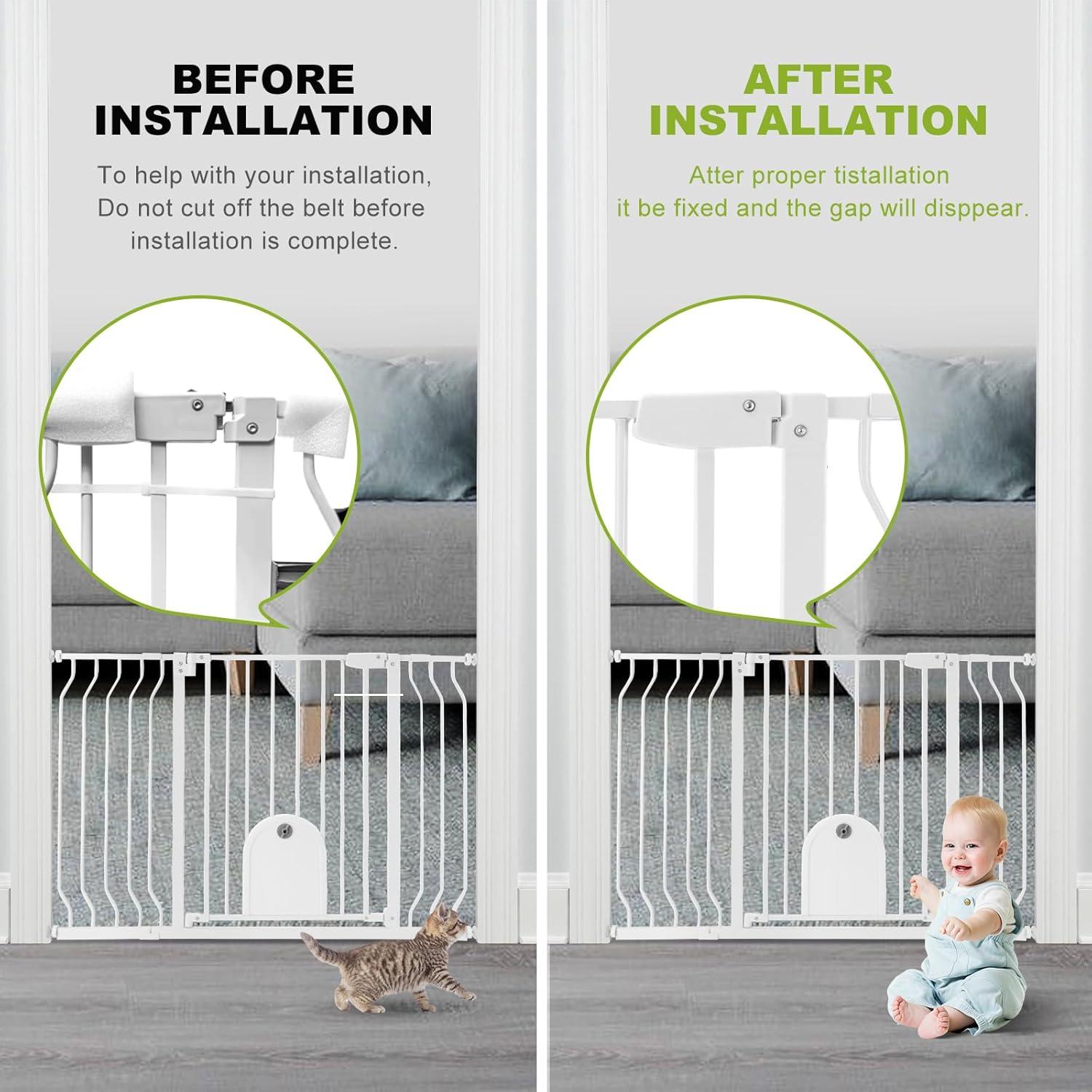 Baby Gates with Cat Door - Auto Close 29.5"-48.4" Safety Metal Dog Pet Gate for Doorway, Stairs, House, Walk Through Child Gate with Pet Door, includes 4 Wall Cups and 2 Extension Pieces