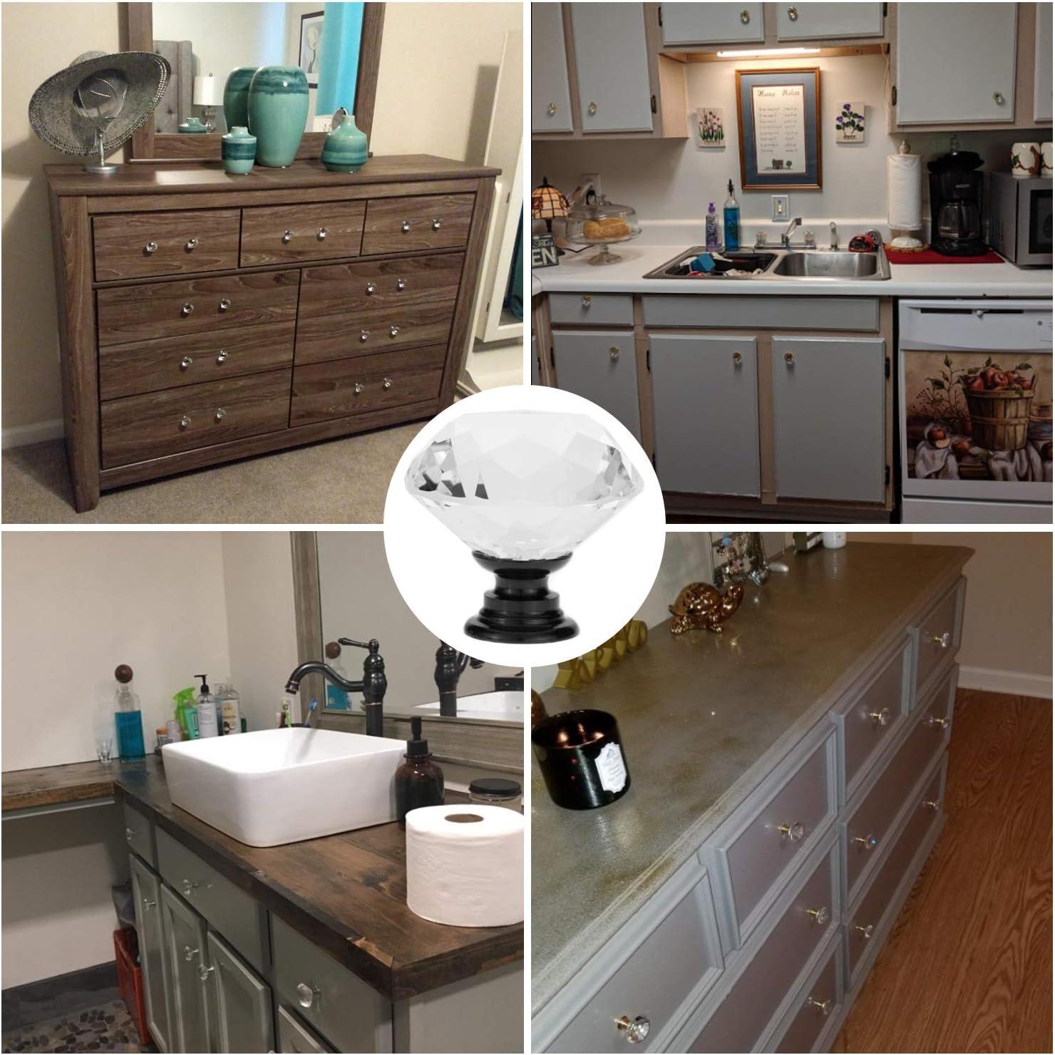 YourGift 12 Pack Drawer Knobs Diamond Shaped Crystal Glass 30mm Cabinet Knobs Pull Handles (Black)