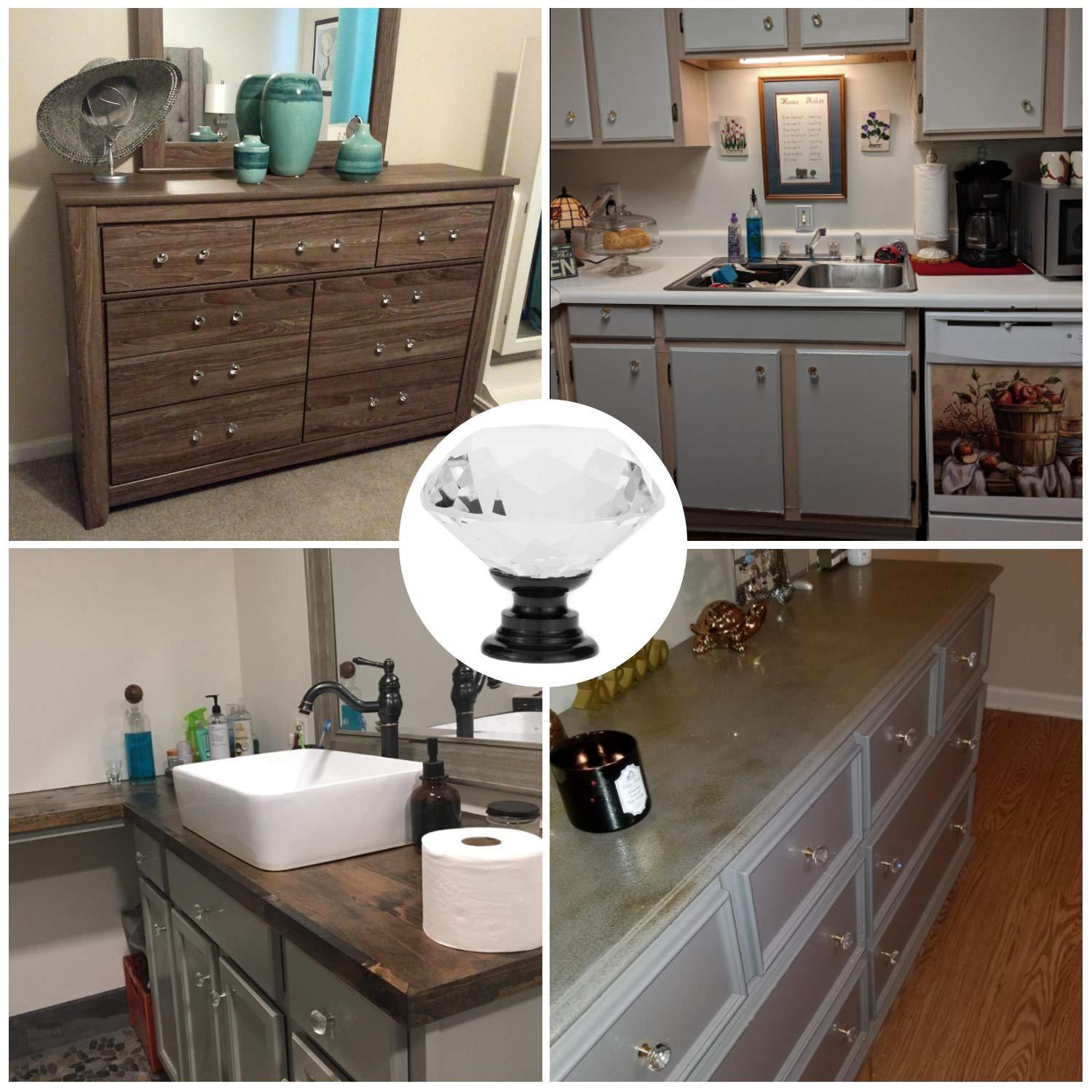 YourGift 12 Pack Drawer Knobs Diamond Shaped Crystal Glass 30mm Cabinet Knobs Pull Handles (Black)