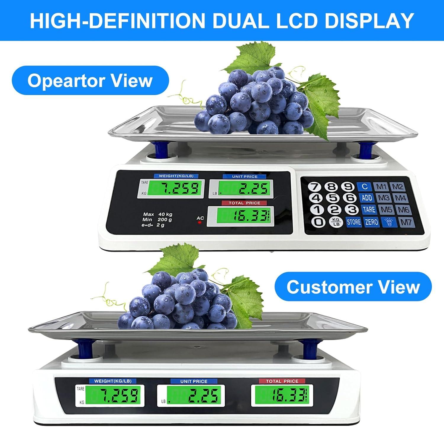 Price Computing Scale 88lb/40kg LCD Digital Commercial Price Scale with Stainless Steel Platform,Produce Scale & Food Scale for Farmers Market, Retail Outlets, Meat Shop (Flat Plate)