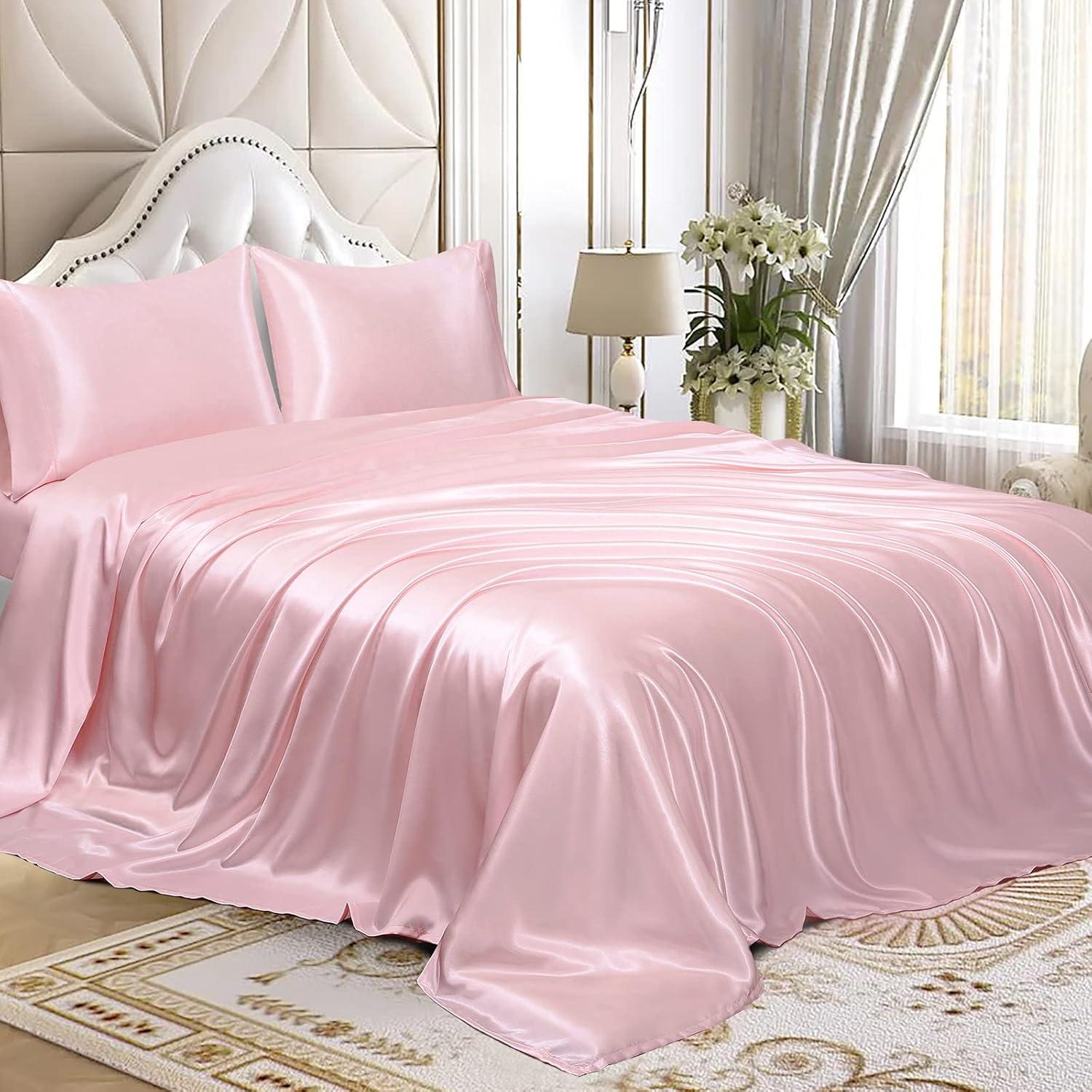 Homiest 4pcs Satin Sheets Set Luxury Silky Satin Bedding Set with Deep Pocket, 1 Fitted Sheet + 1 Flat Sheet + 2 Pillowcases (Queen Size, Blush Pink)