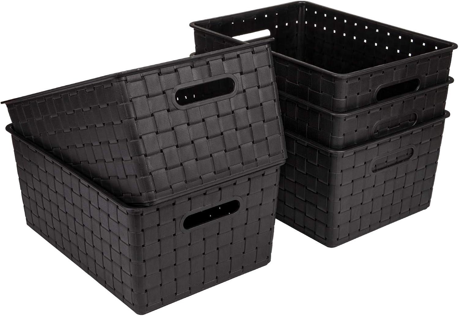 Black Woven Plastic Rectangular Storage Baskets, Set of 5