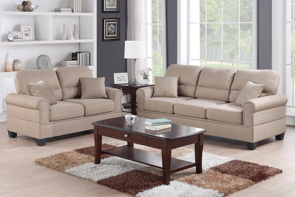 Sand Tan Fabric Sofa and Loveseat Set with Nailhead Trim