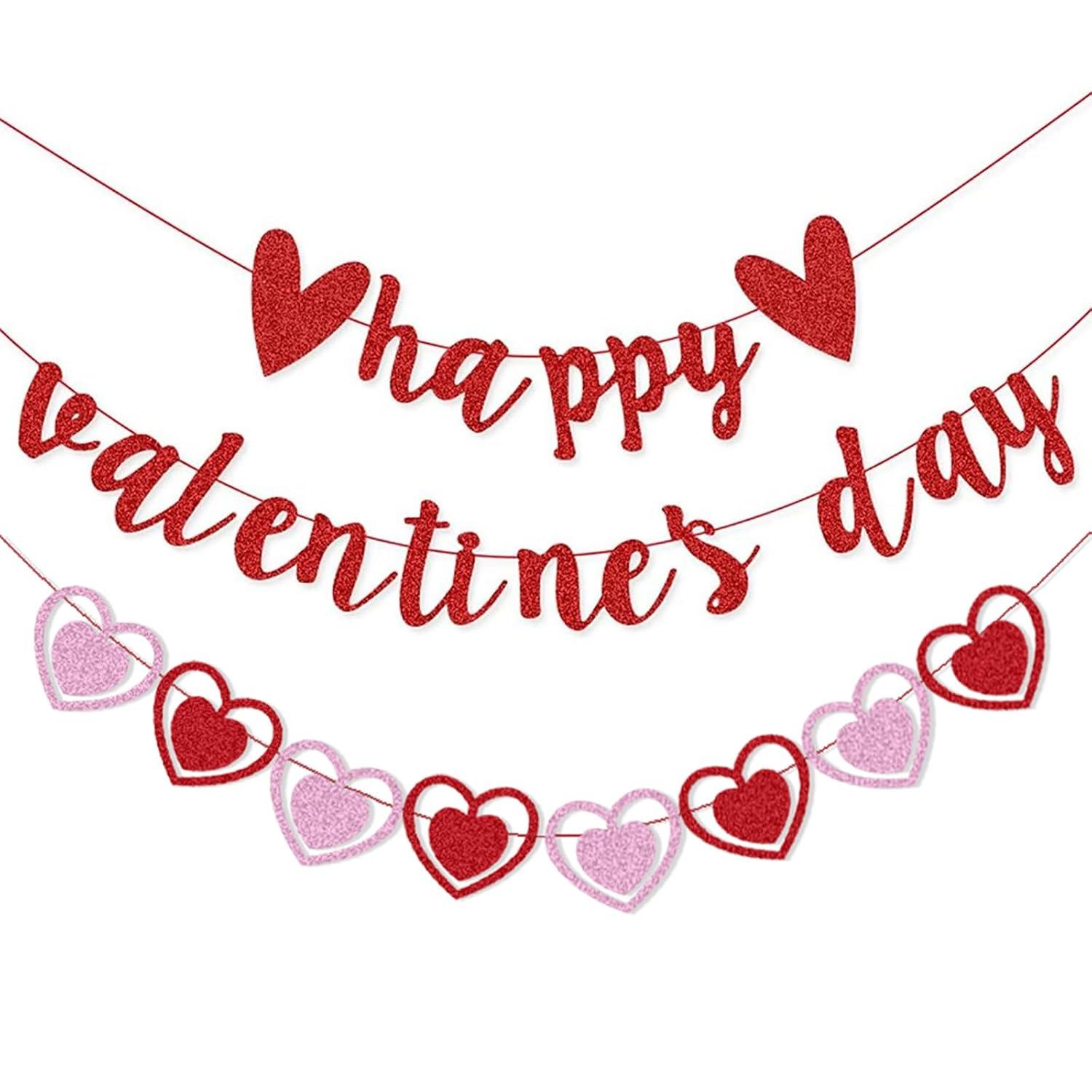 Glittery Heart Valentine's Day Banner, Red & Pink Sparkling Hollow Heart Shape DIY Paper Banner for Wedding Decoration