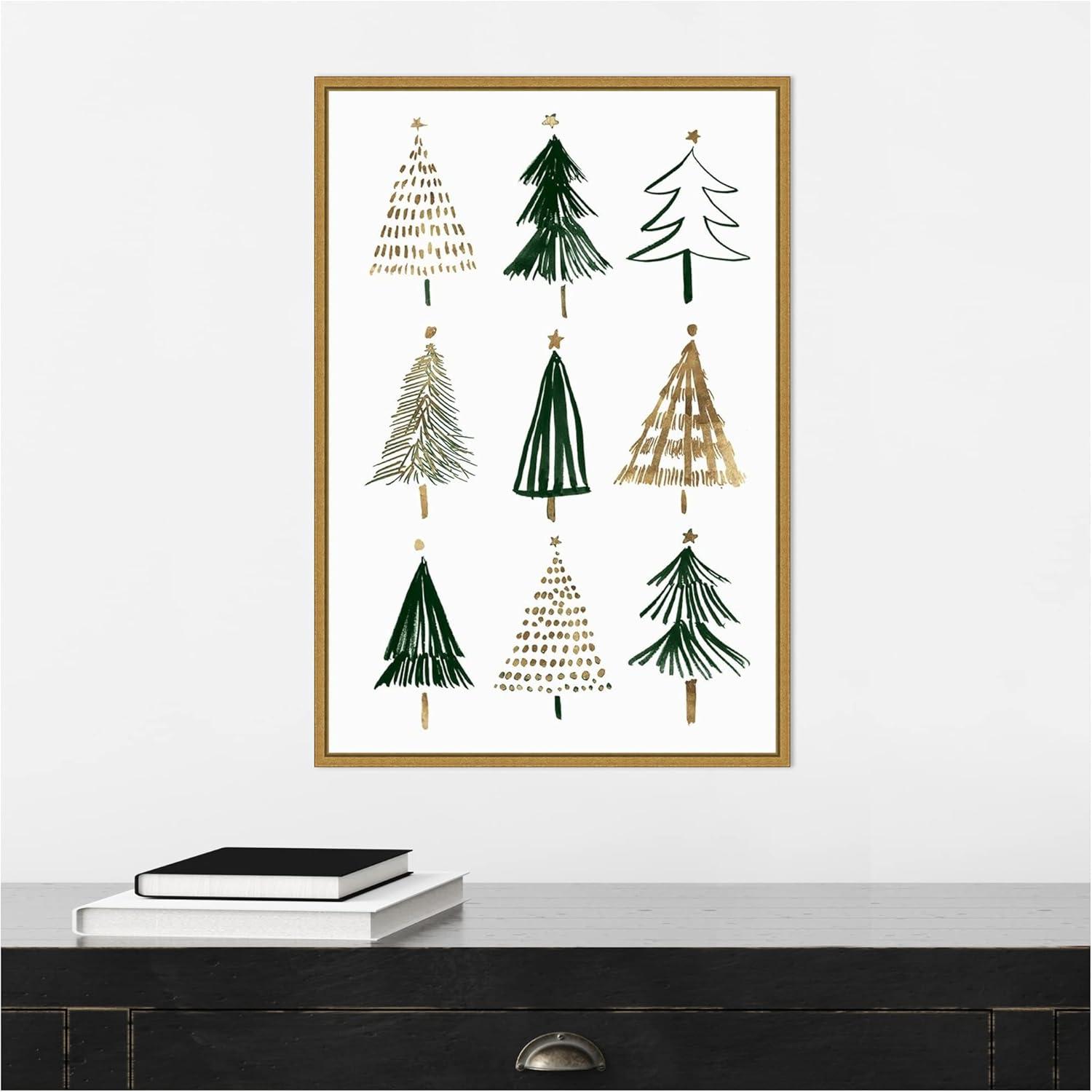 Evergreen Trees Gold and Green Canvas Print with Gold Frame