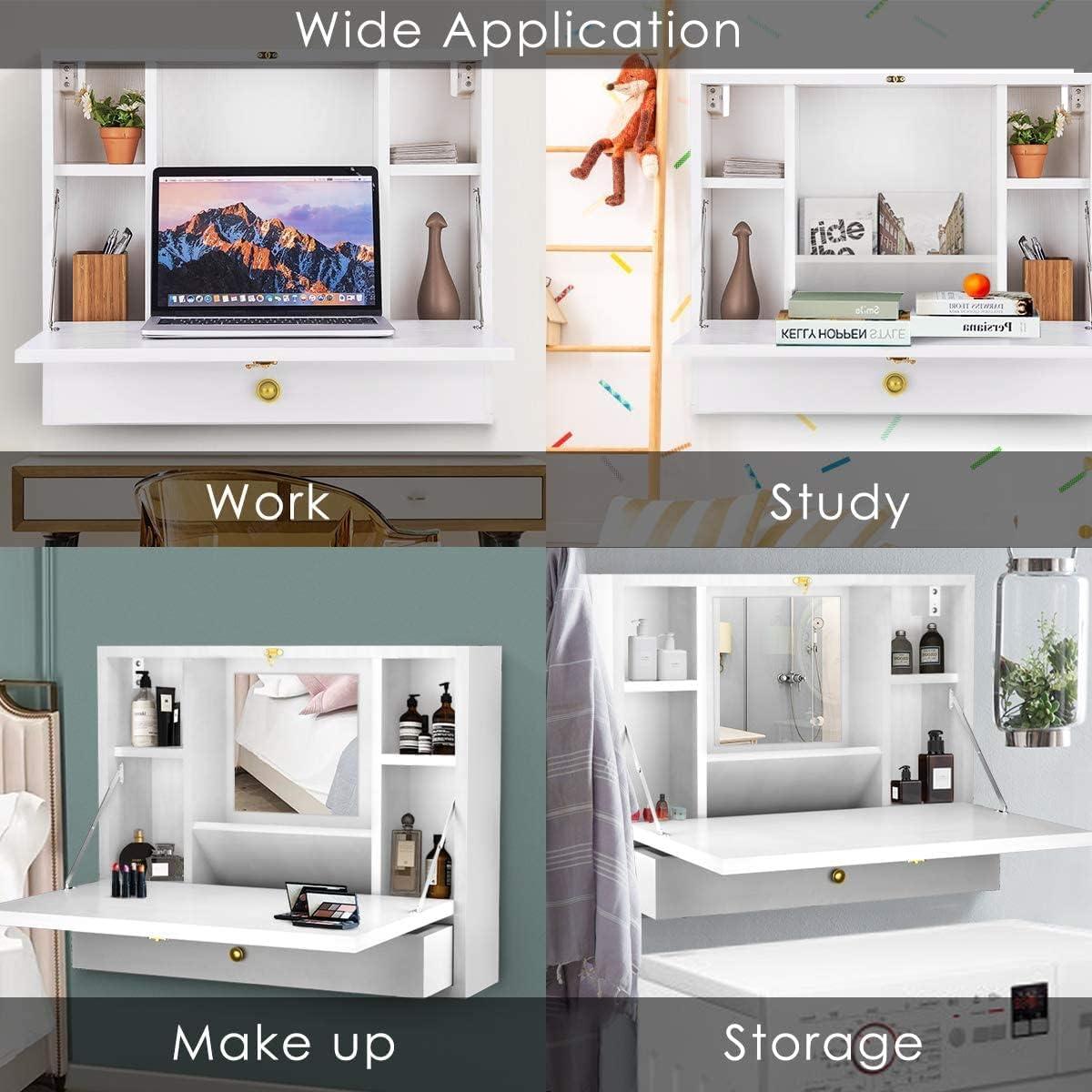 TrendSage Wall Mounted Table, Multifunctional Folding Hanging Storage Cabinet, Space Saving Computer Desk w/Storage Drawer and Shelves, Wall Mount Laptop Desk for Home Office (White)