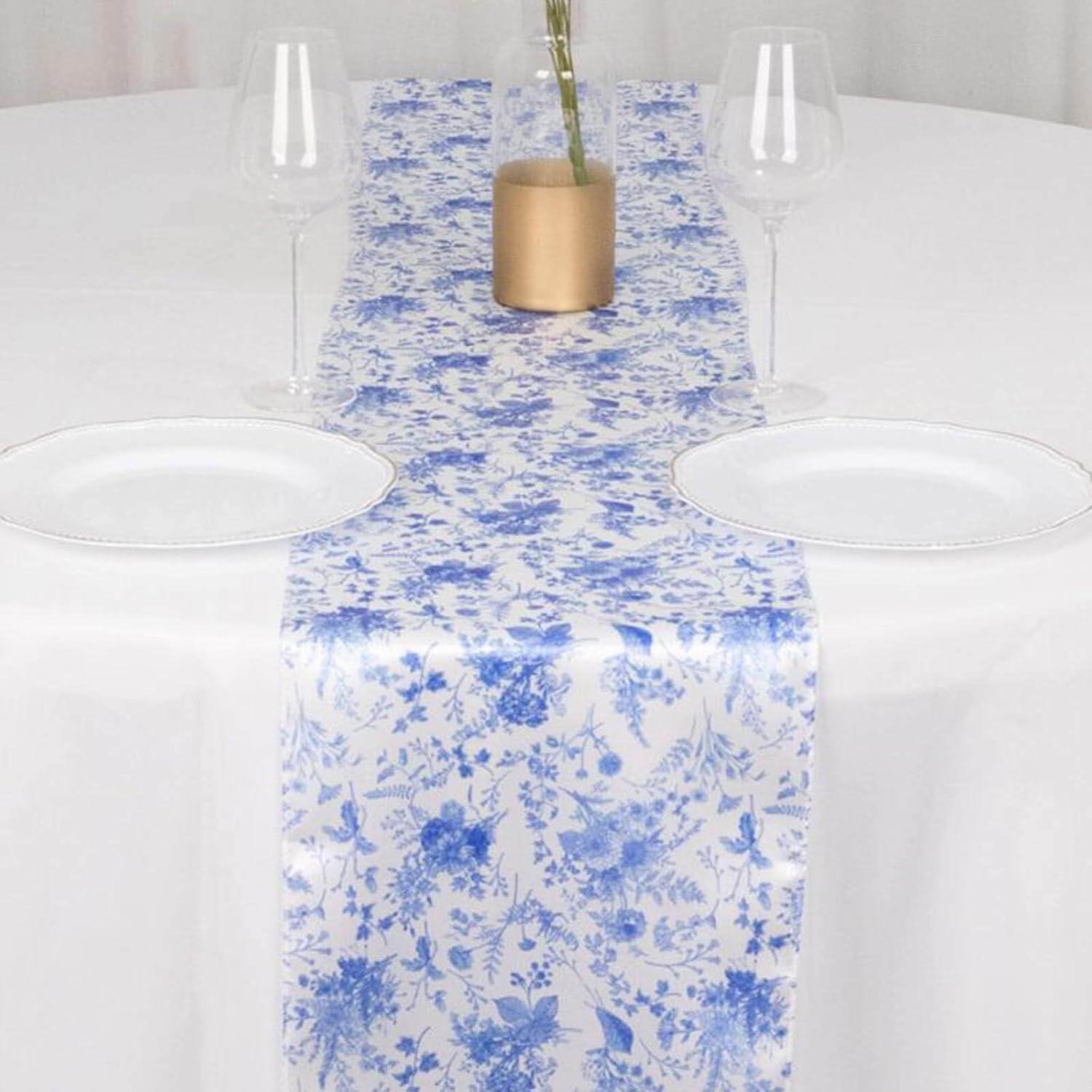 Efavormart 12"x108" White Blue Chinoiserie Floral Print Satin Table Runner