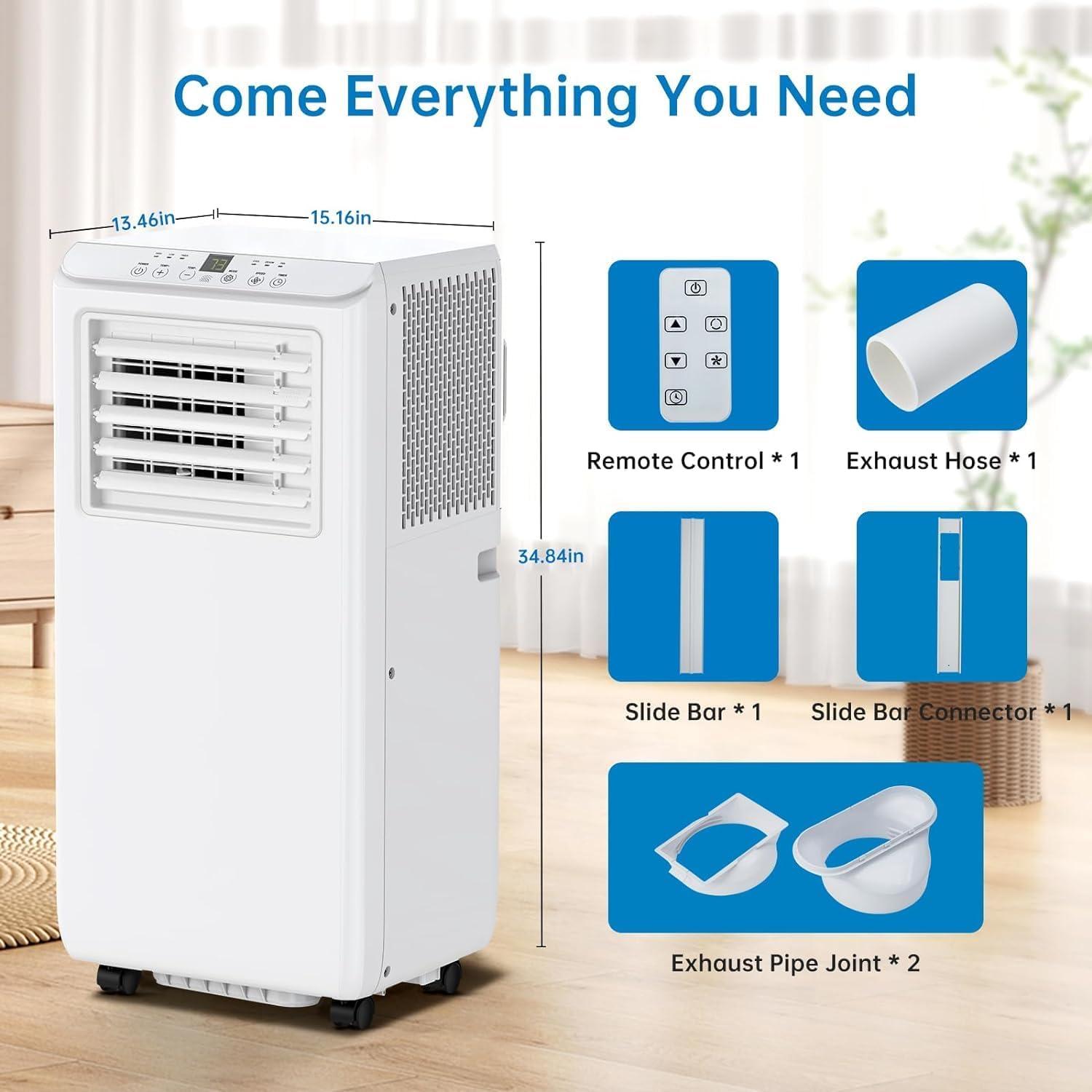 8000 BTU Portable Air Conditioner with Cooling, Dehumidifier, Fan 3-IN-1 Indoor AC, 24H Timer, 2 Fan Speeds, Sleep Mode, Remote Control Included - Ideal for Home, Office, and Garage Use