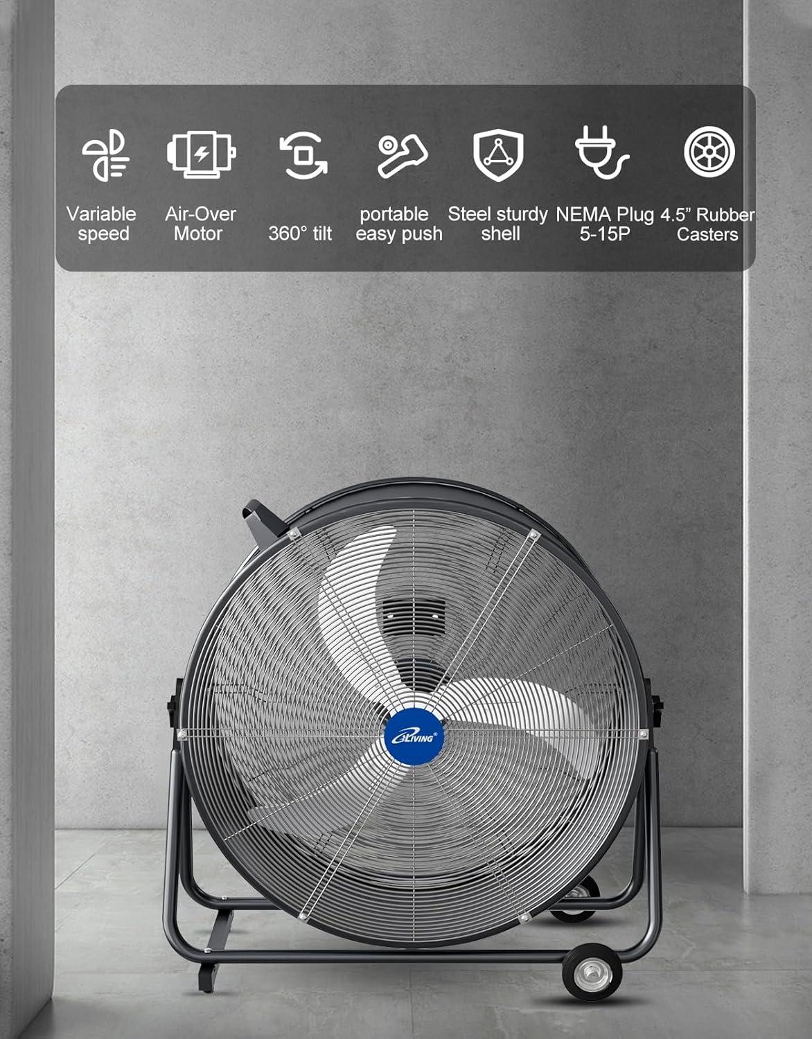 iLIVING 30 Inches High Velocity Drum Fan Industrial, Commercial, (Residential) Air Circulator for Garage, Shop, Patio, Barn, Greenhouse, Speed Control 8300CFM, UL Listed