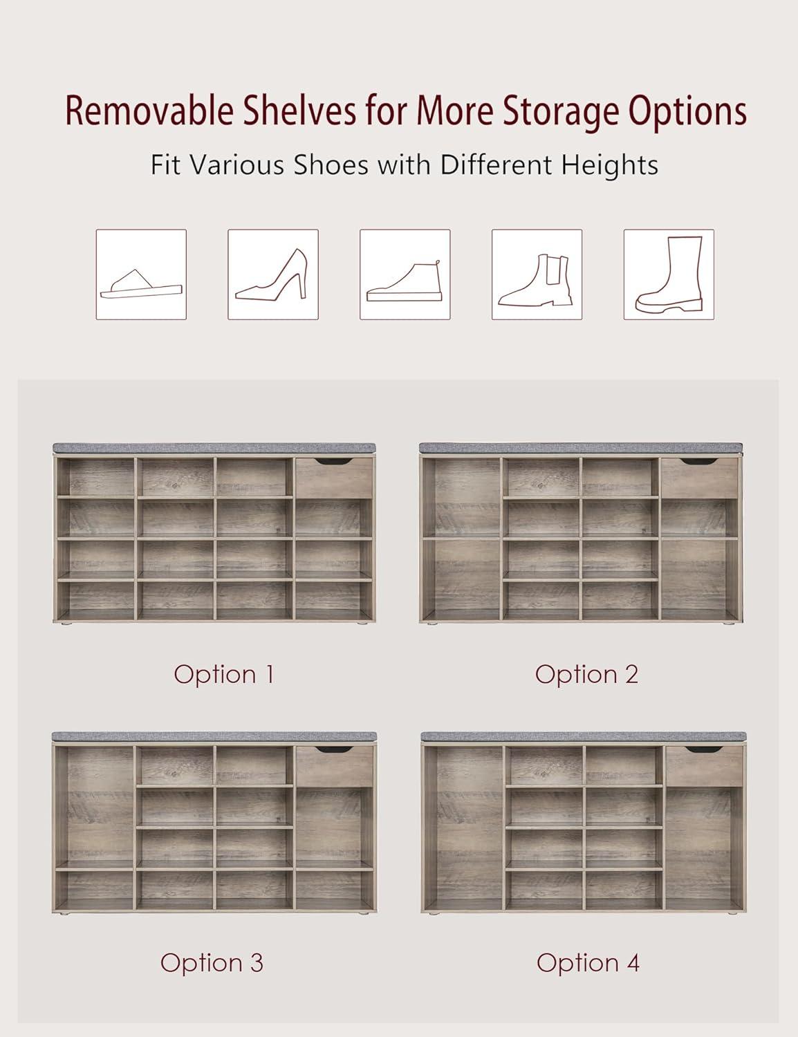 Shoe Rack Bench with Cushion 15-Cube Storage Bench Storage Cabinet for Entryway Espresso