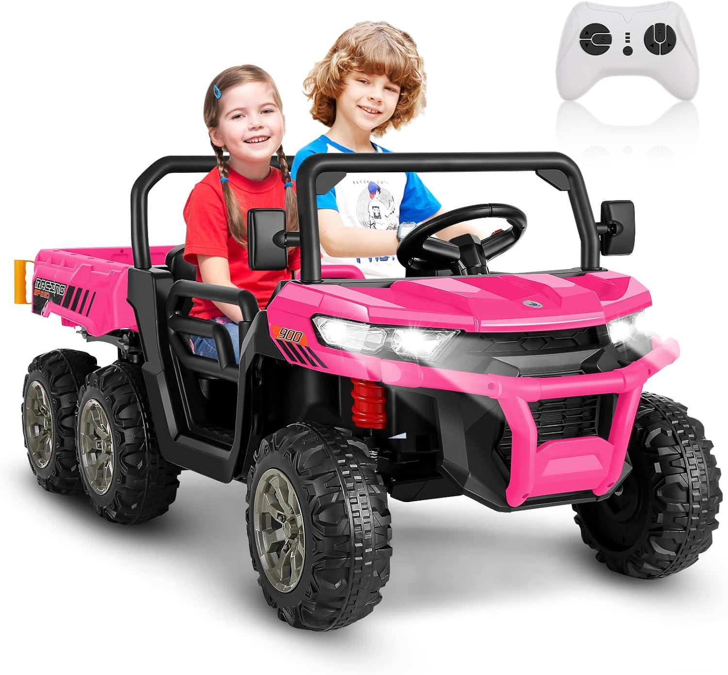 24V Kids Ride on Dump Truck with Remote Control, 2 Seater Powered 4-Wheel UTV Toys, 2x200W Ride on Tractor Car w/ Electric Dump Bed, Shovel, Bluetooth Music, Pink