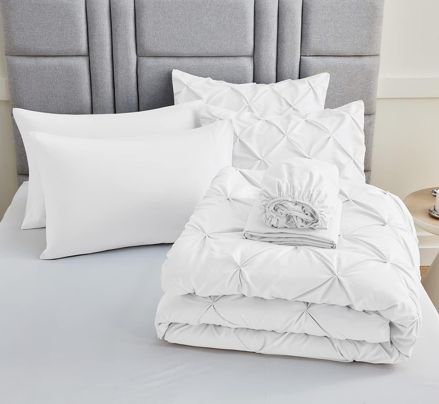 Cozy Comfort White King Comforter Set - 7 Pieces Pintuck Bed in A Bag, Bedding Sets with Comforters, Sheets, Pillowcases & Shams