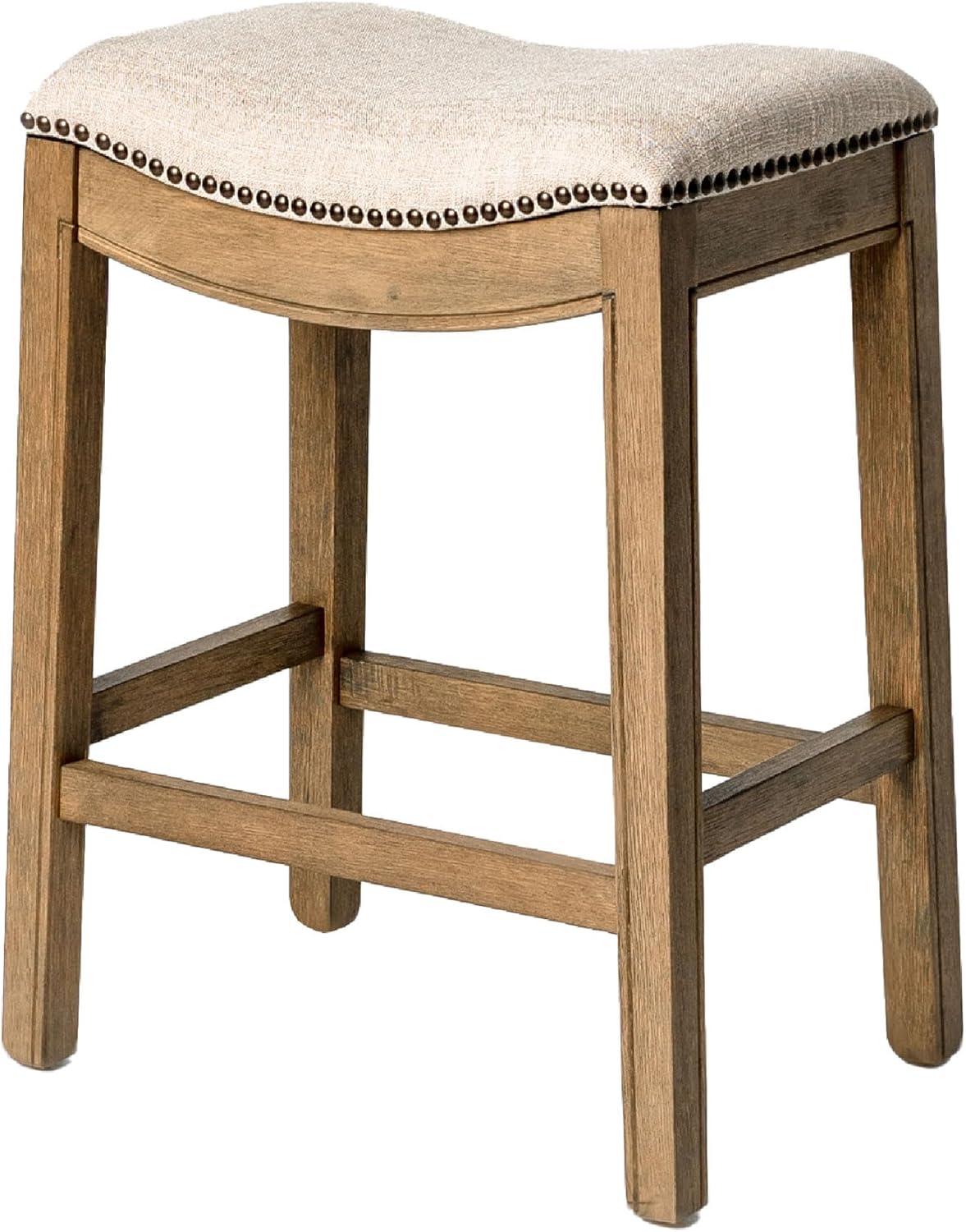 Maven Lane Adrien Saddle Counter Stool in Natural Wood Finish w/ Wheat Cream Fabric Upholstery